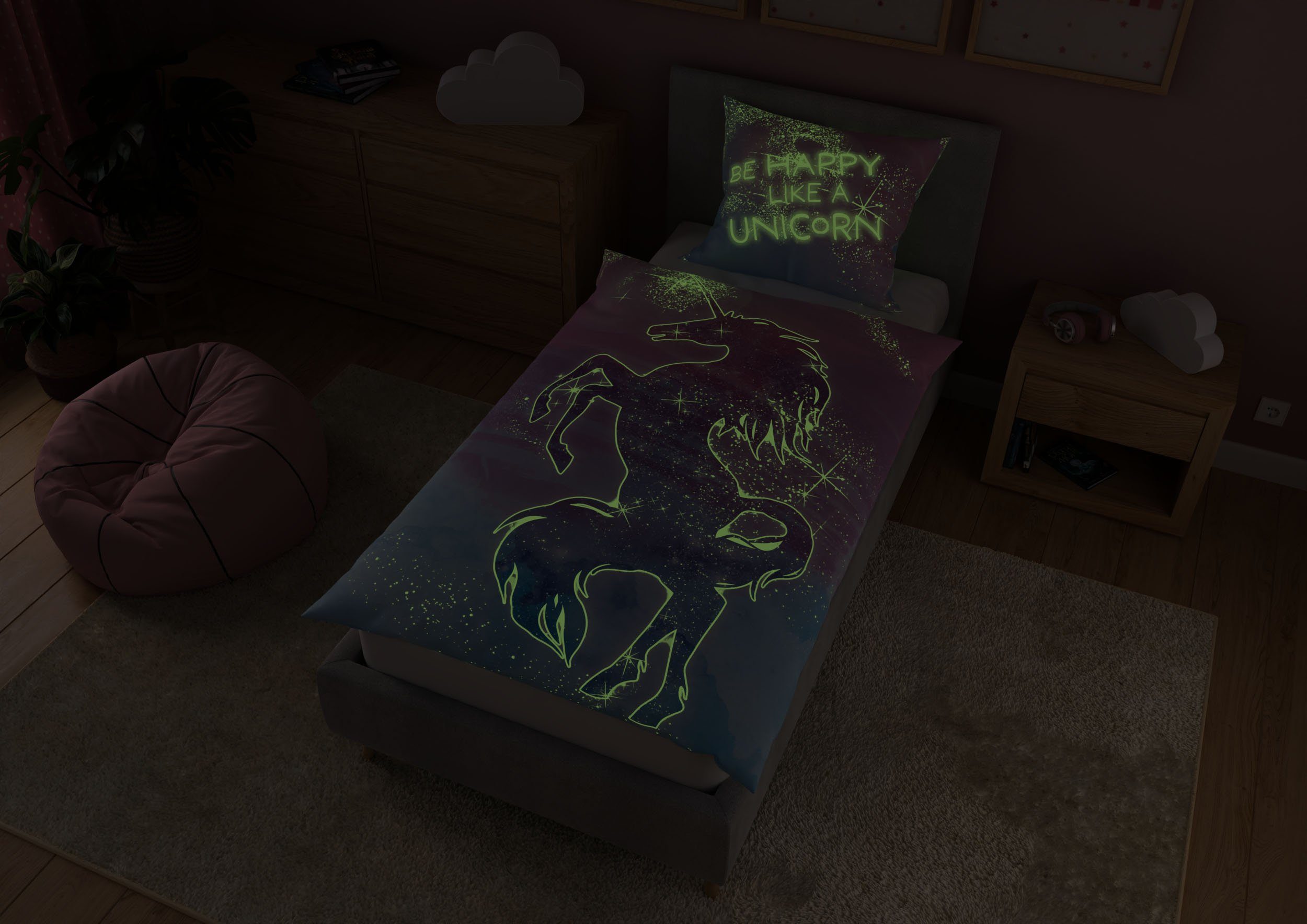 Kinderbettwäsche Leuchtende Bettwäsche 135x200 Unicorn Bettwäsche Kinder + 10 SPIELE, Carpe Sonno, Baumwolle, 2 teilig, GLOW IN THE DARK Einhorn Bettwäsche Mädchen