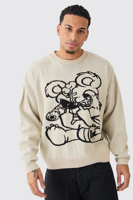 Oversize Strick-Pullover mit Print