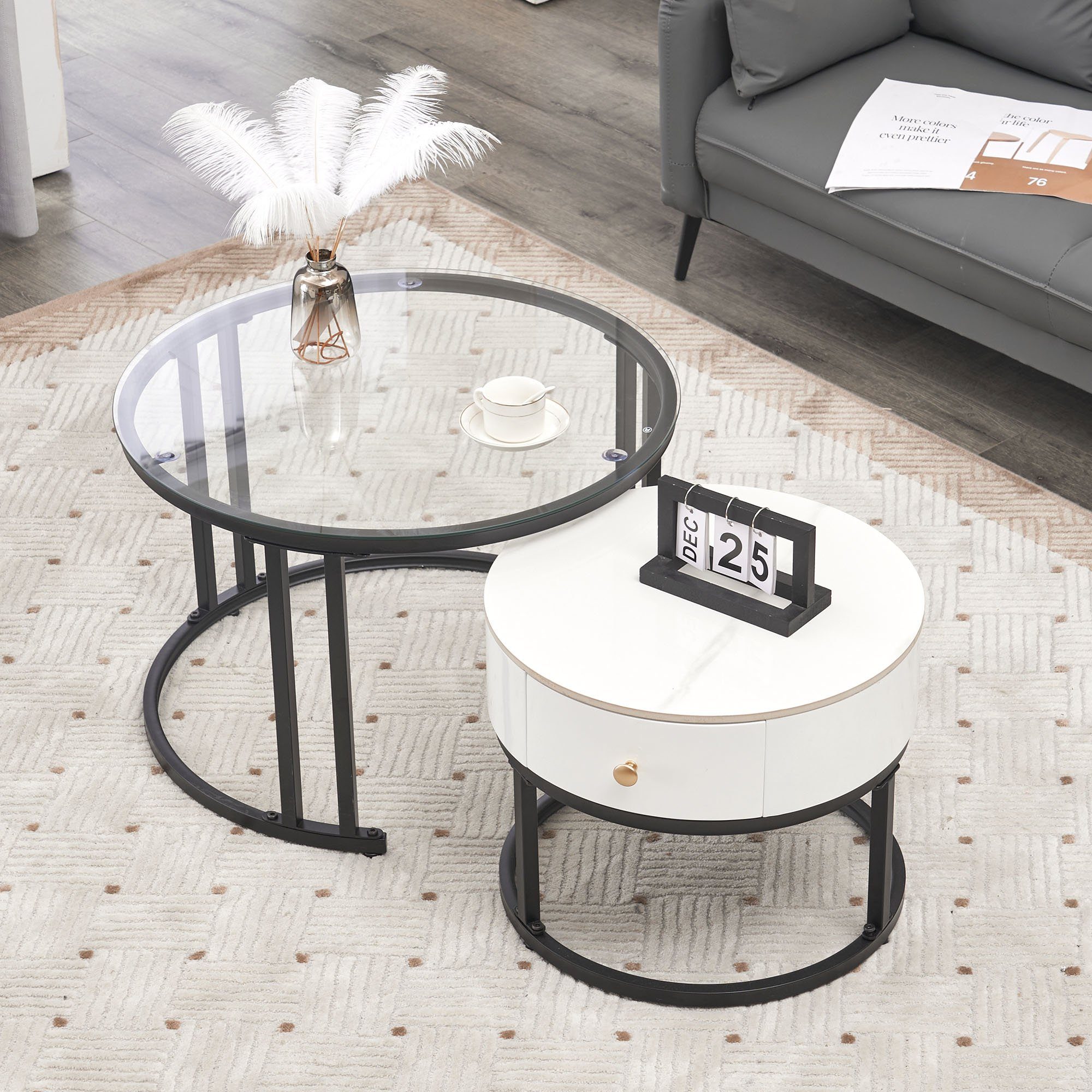 BlingBin Couchtisch Satztisch Beistelltisch (1-St., Elegantes zweiteiliges weißes Couchtisch-Set - Glas), Marmor-Schieferplatte und Massivholzschubladen