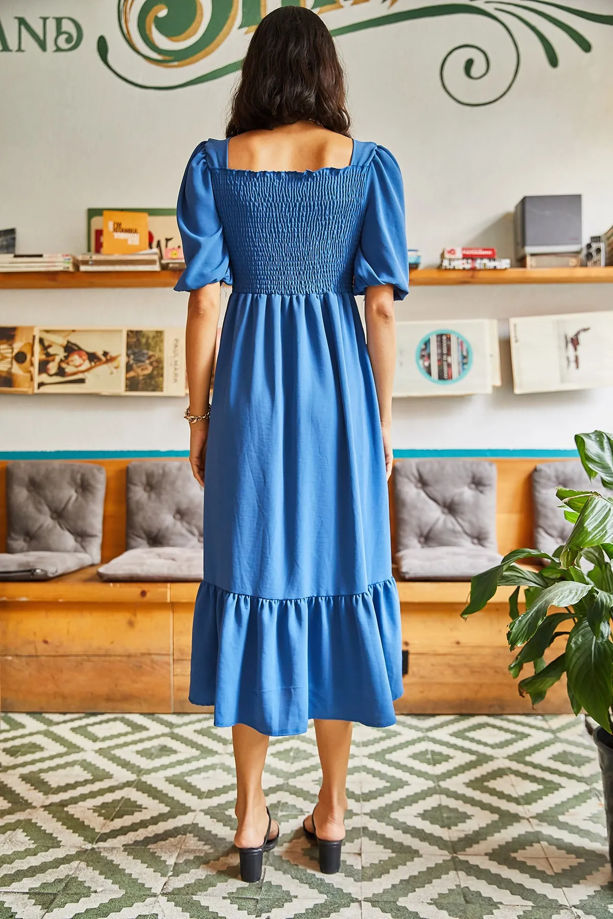 Olalook  Damen-Indigo-Gimped-Bodrum-Kleid mit quadratischem Kragen ELB-19001557