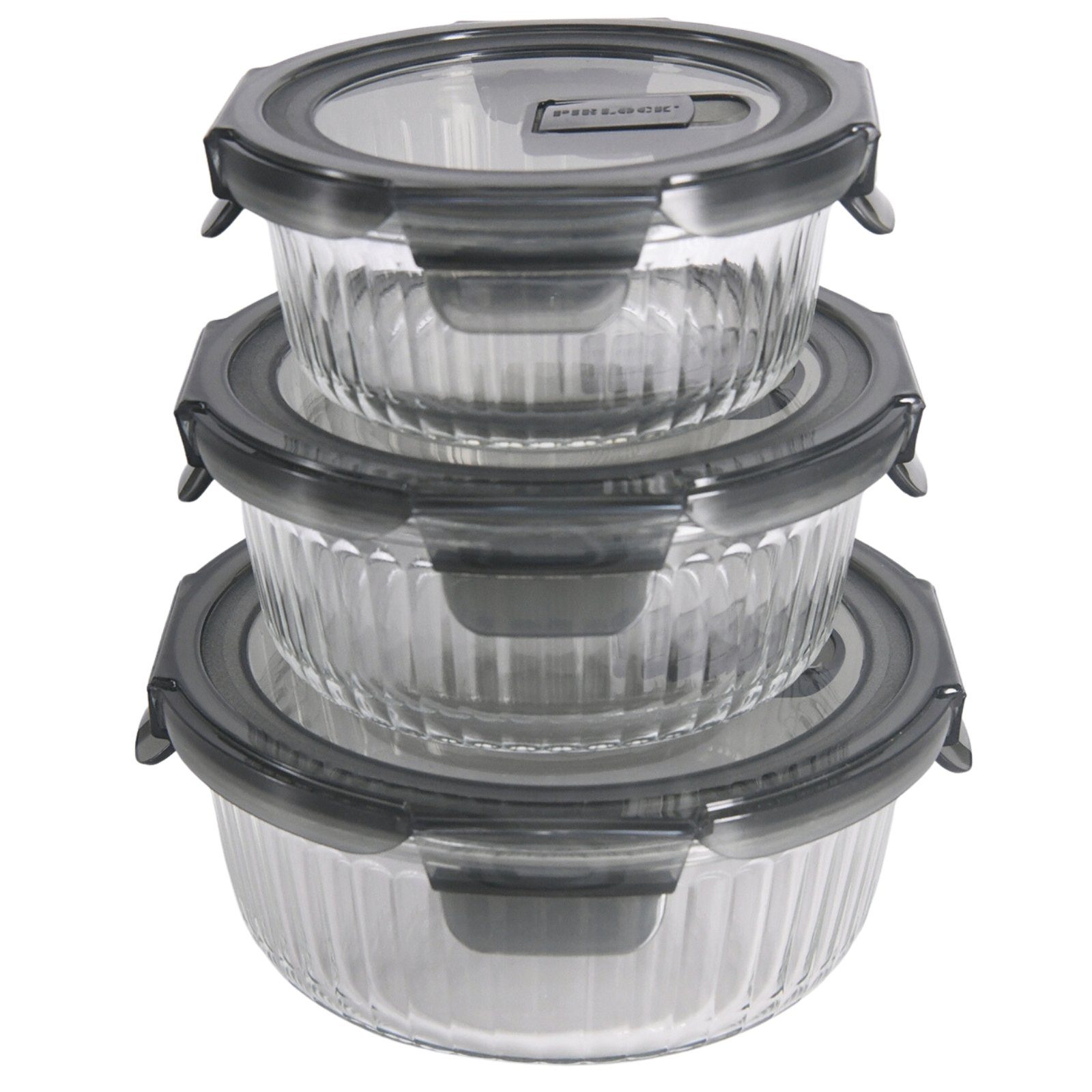 PIE LOCK Vorratsdose Vorratsdosen Glas mit Deckel - Frischhaltedosenset, Borosilikatglas, (PIE LOCK, 3 tlg. rund, Vorratsdosen-Set, Borosilikatglas, Mikrowellendeckel, 400ml, 620ml, 950ml, stapelbar, Frischhaltedose, Brotdose, Meal Prep, 6-tlg., Prem