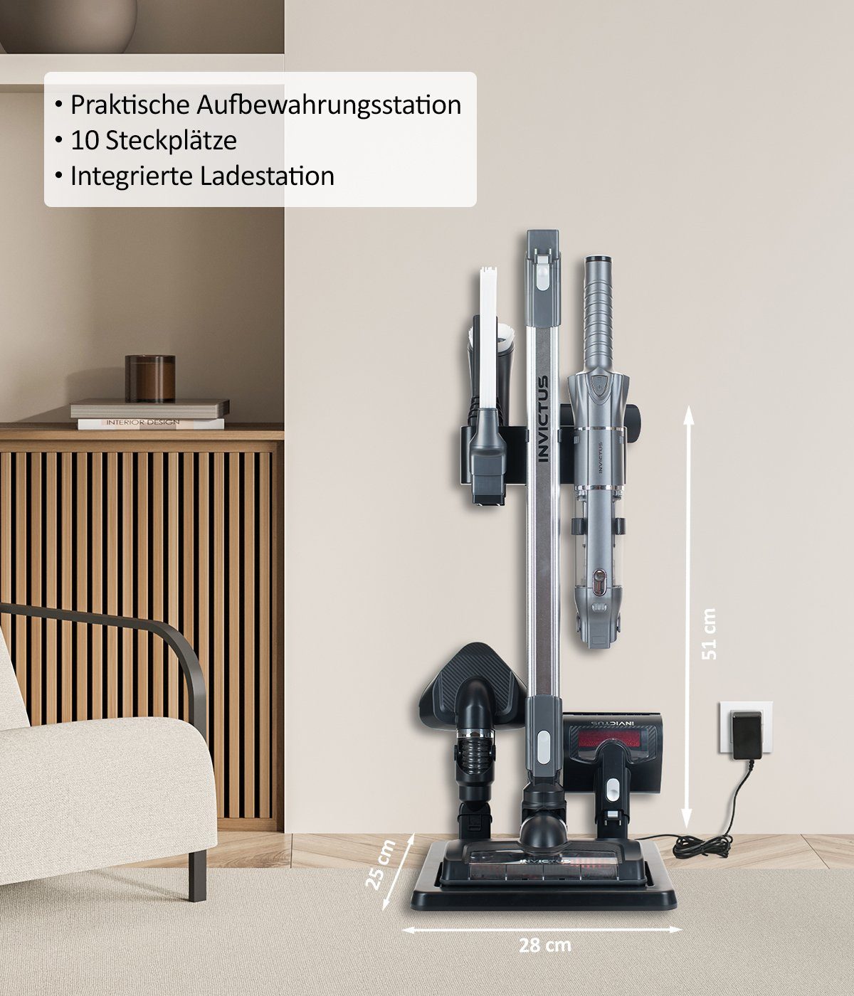 Genius Akku-Handstaubsauger INVICTUS ONE 3.0e Deluxe-Set 22-tlg. Bodenstaubsauger Kabellos, 120,00 W, beutellos HEPA Filter für Auto Zuhause, 15000 Pa LED Licht Ladestation Soft Textilbürste für Teppich Tierhaar