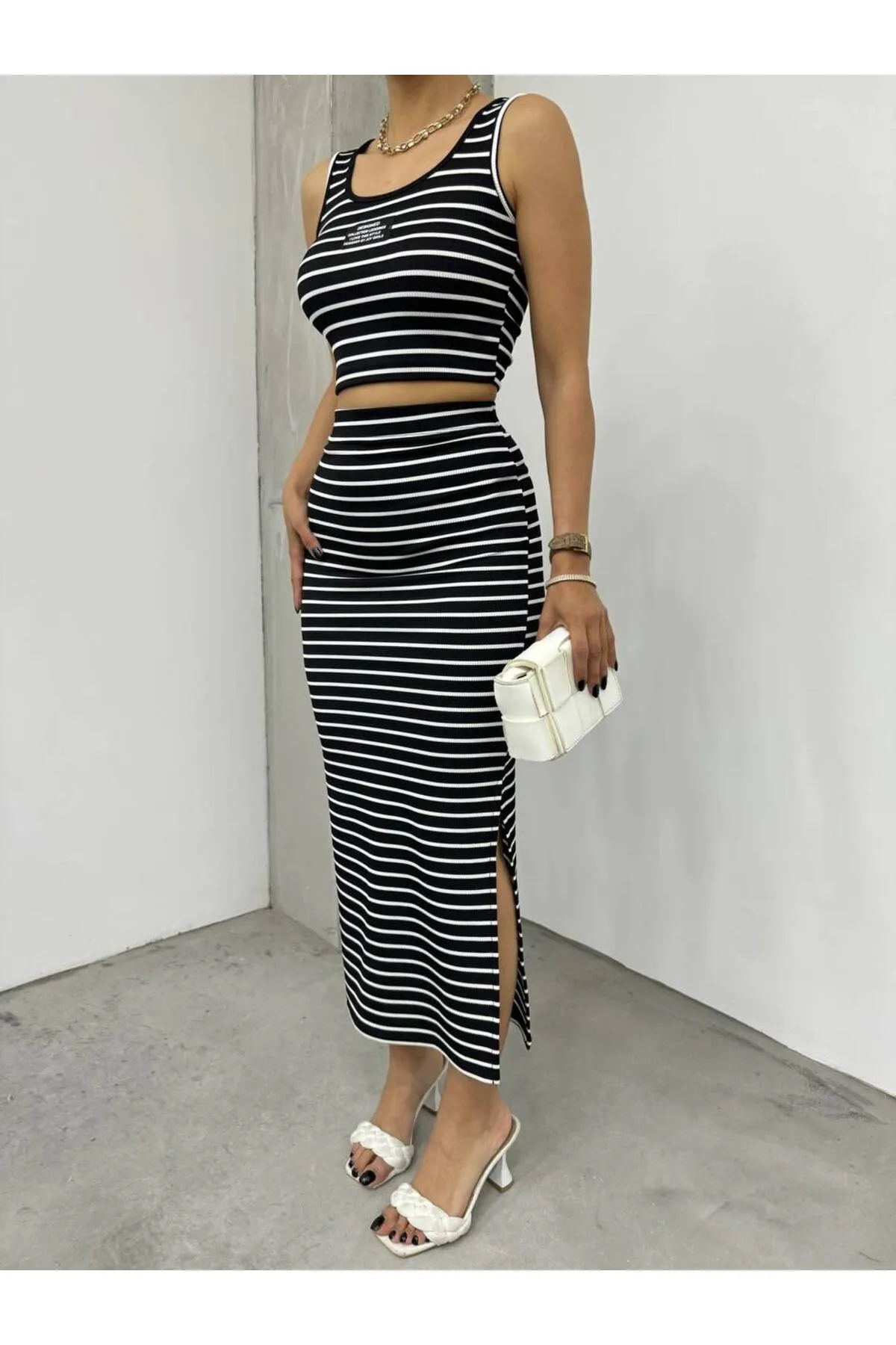 BİKELİFE  Damen-Set mit gestreiftem Crop-Top und Midirock
