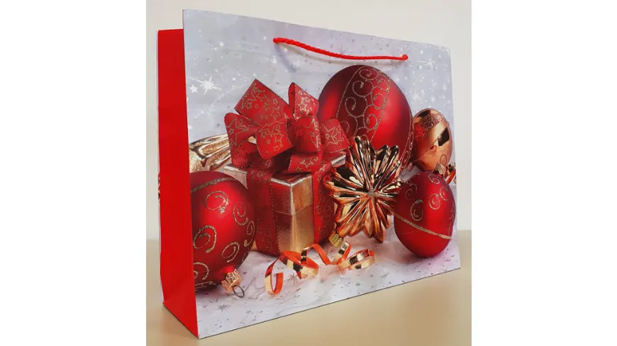 Geschenktüte Weihnachtskugeln rot 26x32x10cm quer