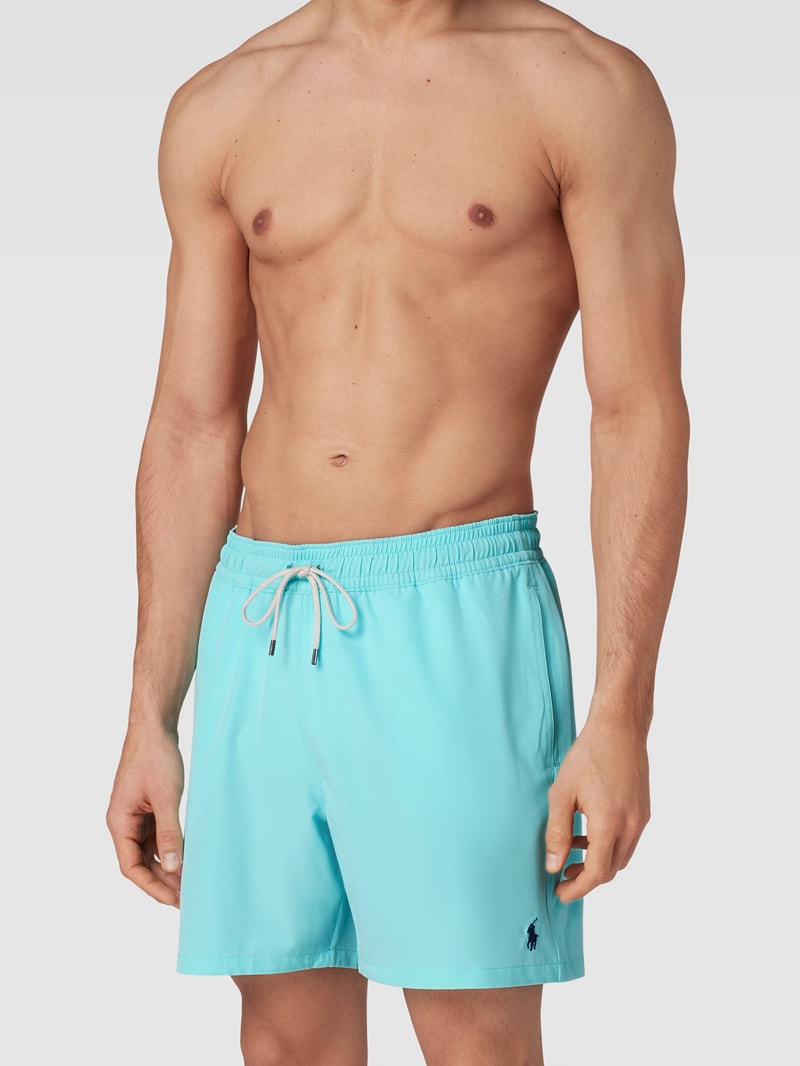 Badehose mit Logo-Stitching Modell 'TRAVELER' in aqua blau