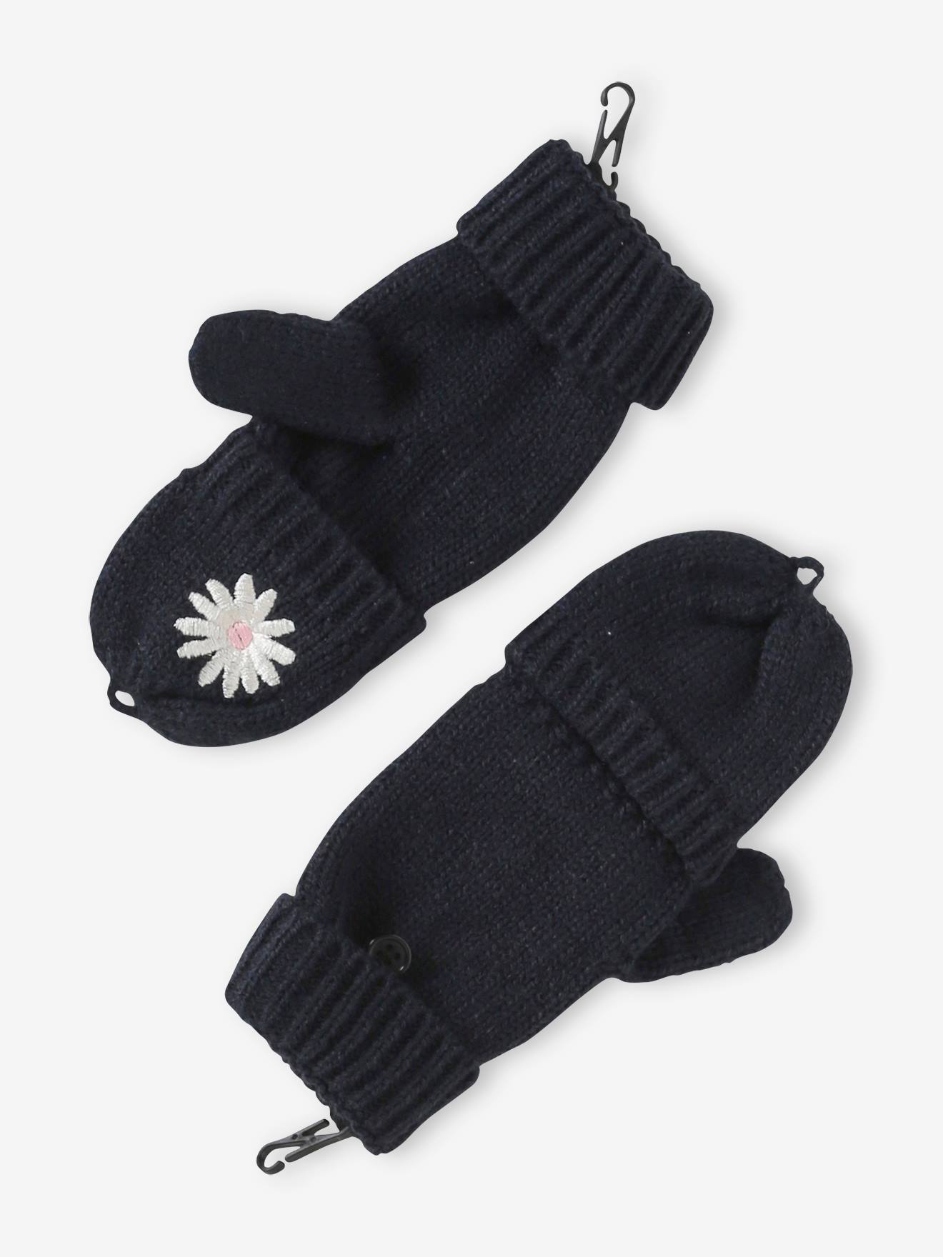 Ensemble bonnet + snood + moufles/mitaines marguerites fille marine