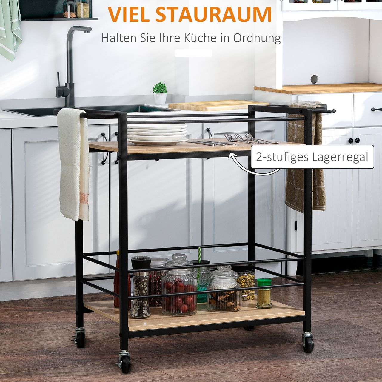 HOMCOM Küchenwagen Servierwagen Aufbewahrungswagen Beistellwagen mit 2 Ebenen und Griff Rollenwagen für Küche Esszimmer Wohnzimmer Belastbarkeit 60 kg Spanplatte 82 x 40 x 75 cm