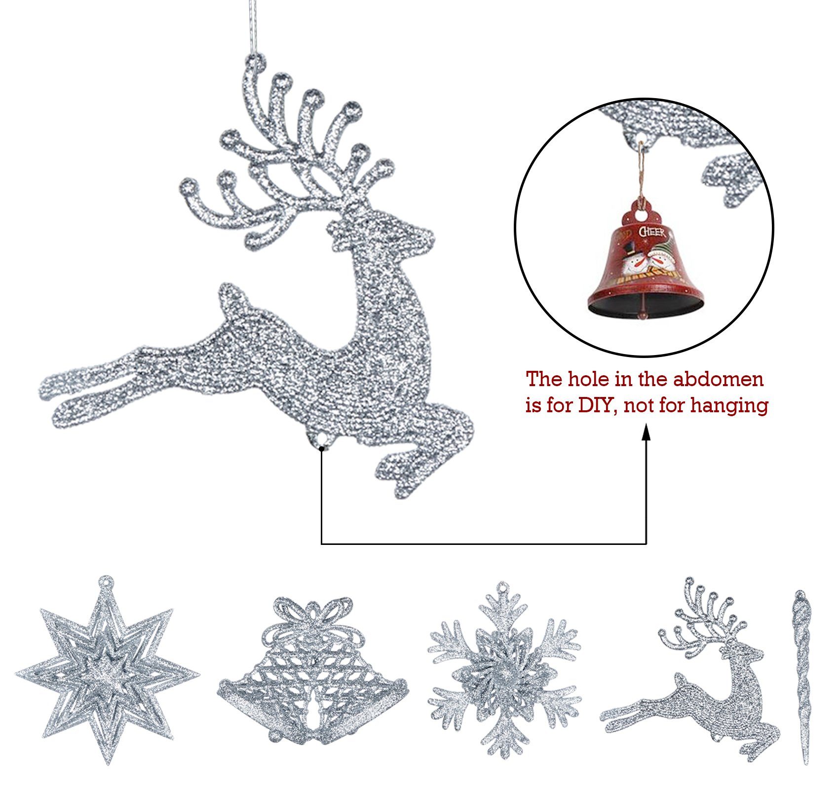 Homewit Christbaumschmuck 3D Glitzer Weihnachtsdekoration für Weihnachtsbaum (24-tlg), Weihnachtsbaumschmuck Weihnachtsbaumanhänger