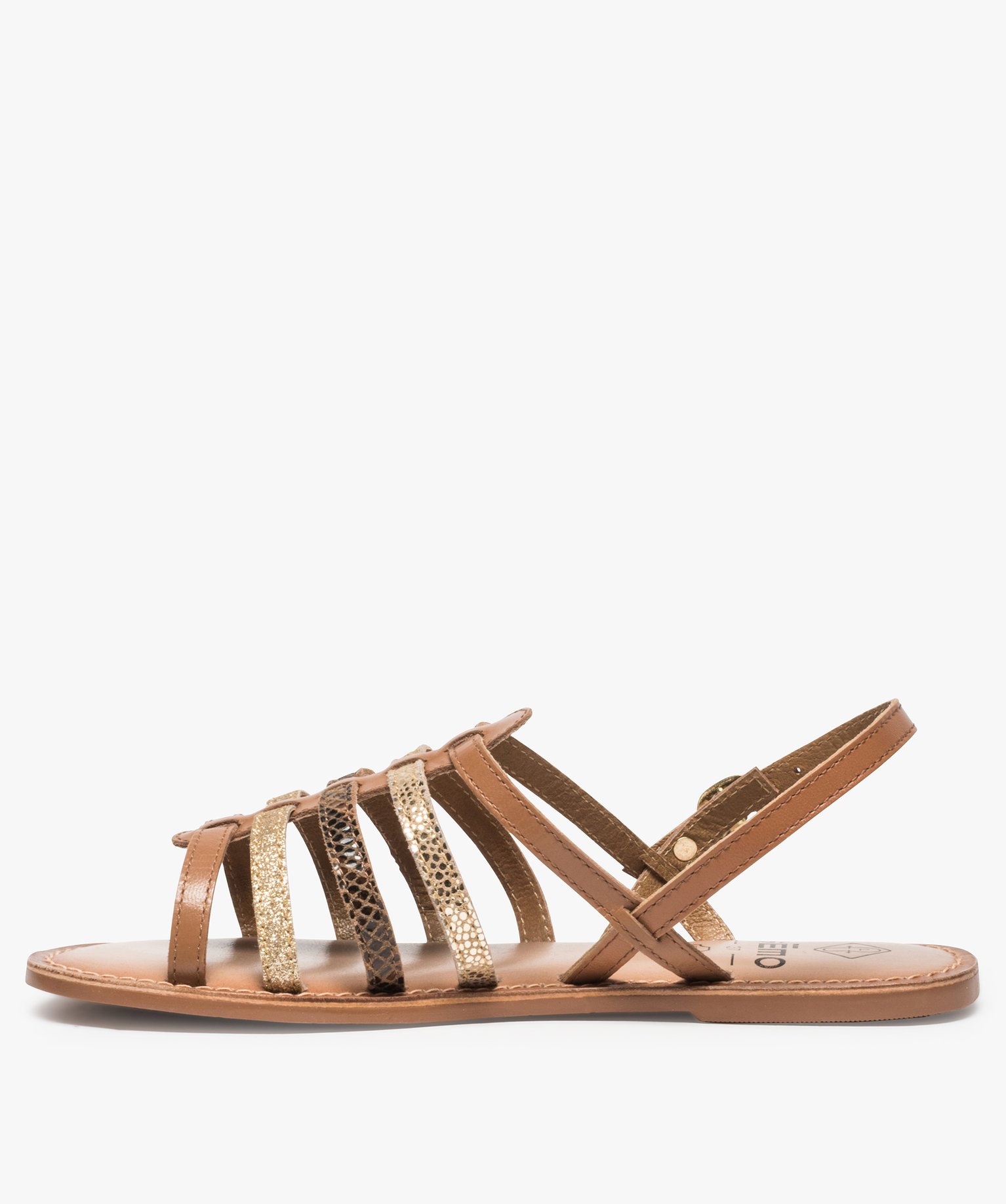 Sandales femme spartiates en cuir spécial pied large camel | GEMO