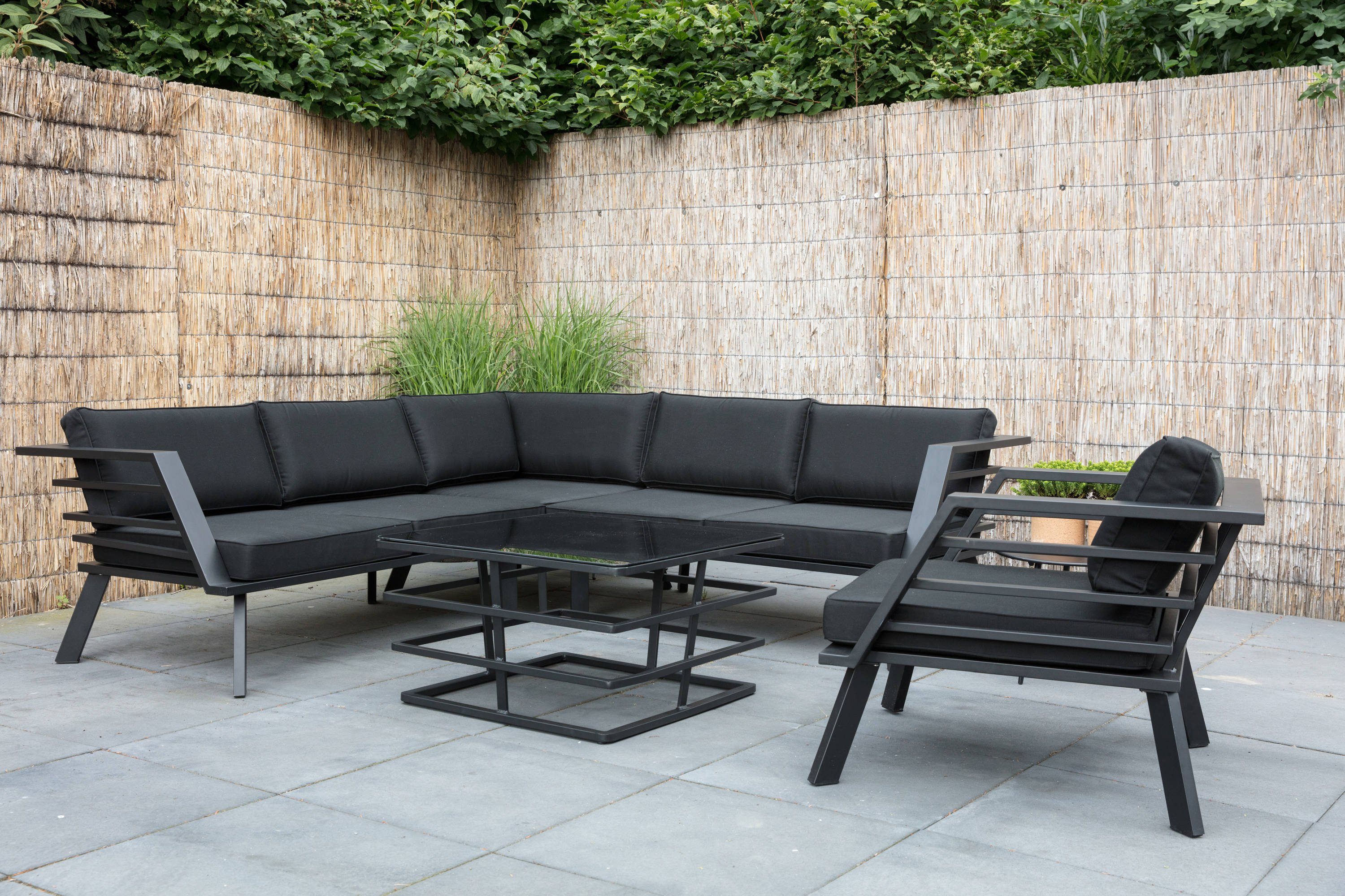 GMD Living Eckbankgruppe REGATTA, (Eckbank Loungeset, 4-tlg., bestehend aus 2 Sofas, 1 Eckteil & 1 Tisch inkl. Polsterkissen), wasserbeständiger Polyesterbezug, moderne Optik