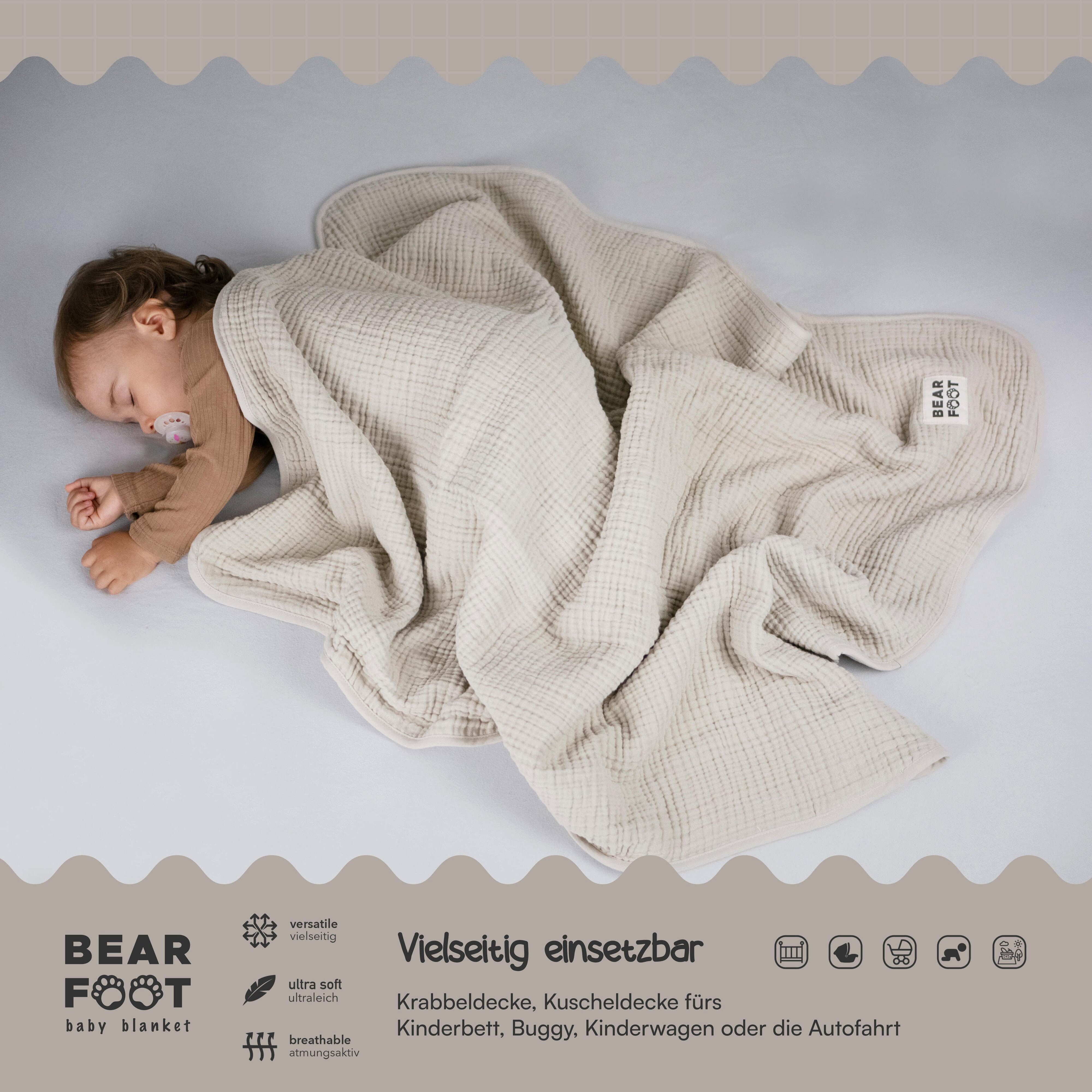 Babydecke Babydecke Musselin Fleecedecke flauschig weich - braun, BEARFOOT, flauschige Kuscheldecke, Baby, Neugeborene, Geschenk Junge & Mädchen