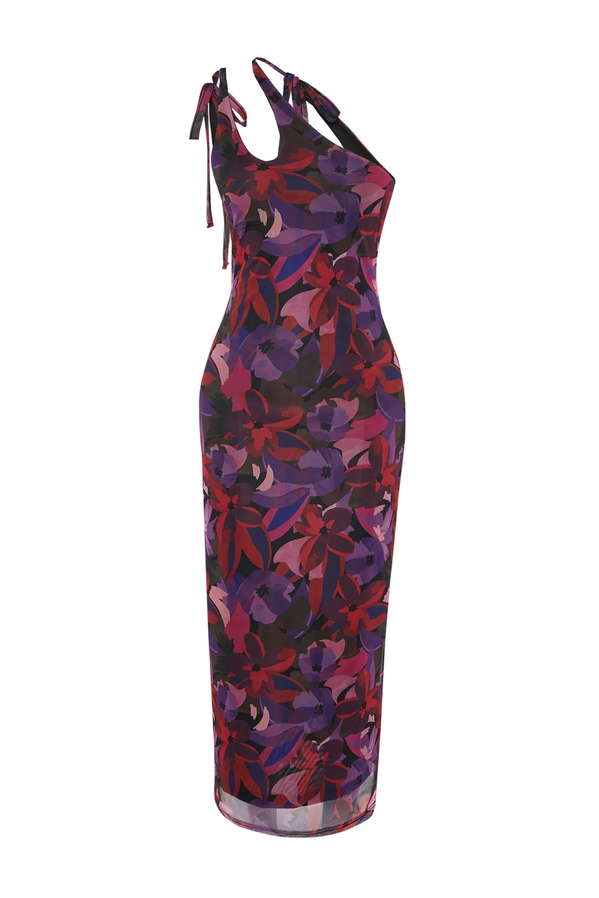 Trendyol Collection  Mehrfarbiges, tailliertes, flexibles, gestricktes Maxi-Bleistiftkleid mit asymmetrischem Kragen, Tüllfutter TWOSS23EL02315