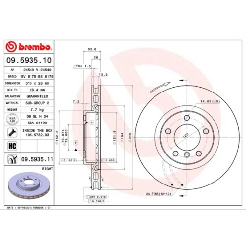 Bremsscheibe Brembo Vorderachse  1 Stück 09.5935.11 - ATU