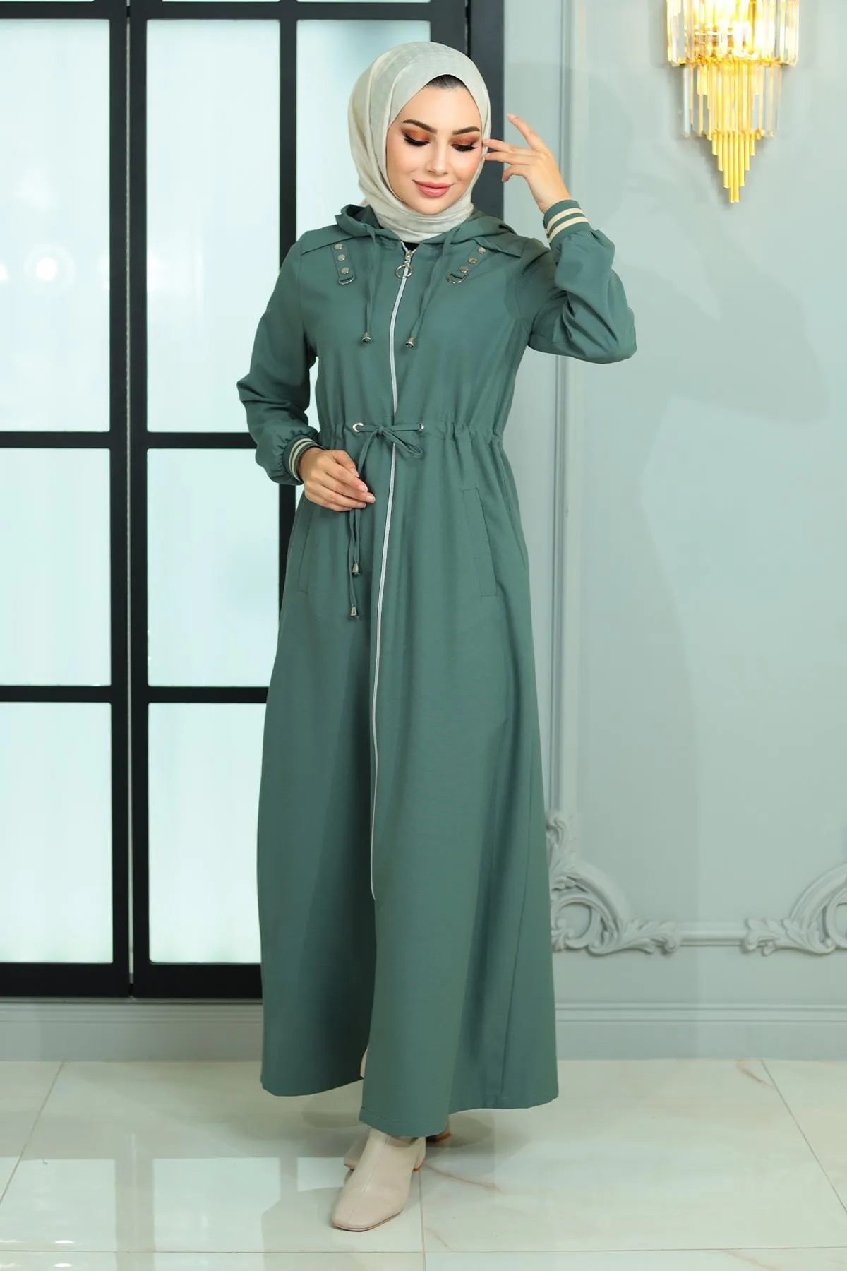 Modamihram  Abaya mit Reißverschluss und Schnürung an der Taille, Mint 19167