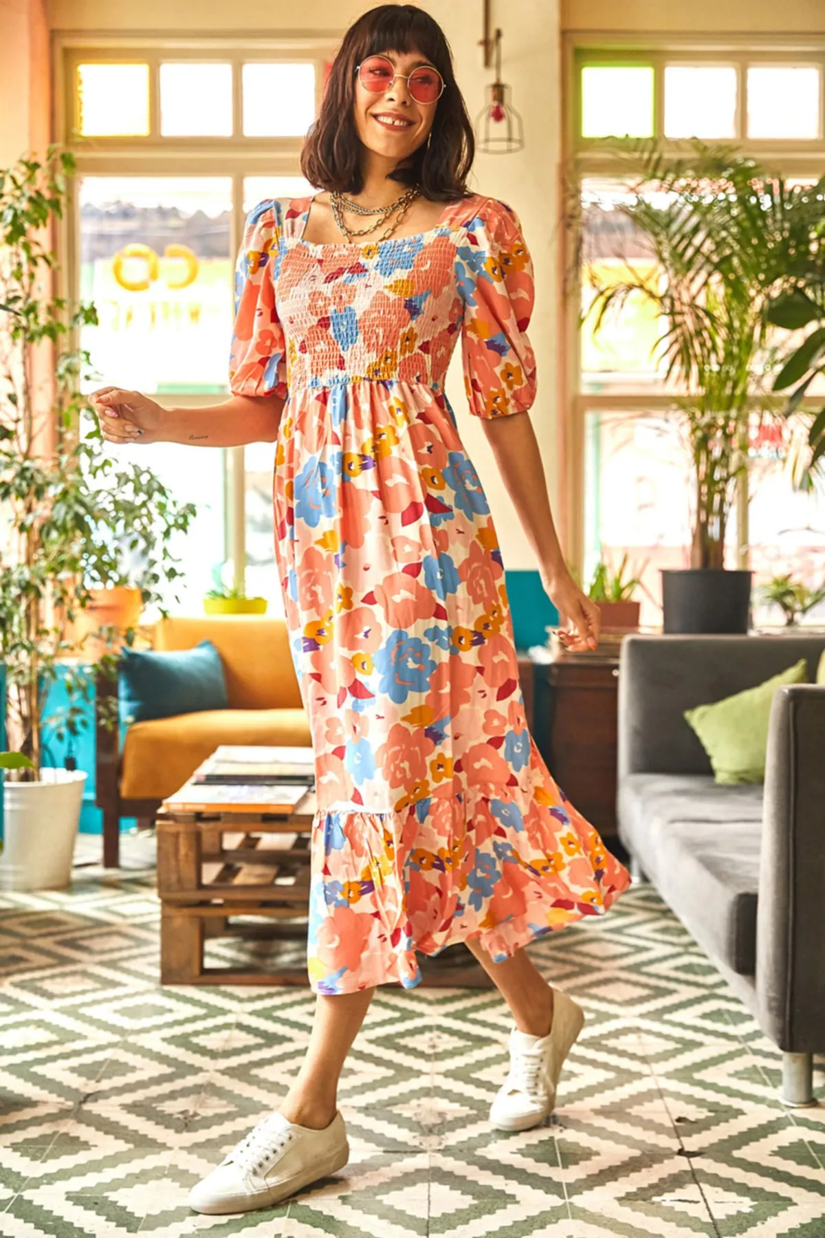 Olalook  Ecru Lachs Gimped Lässiges Kleid aus gewebter Viskose für Damen ELB-19001483