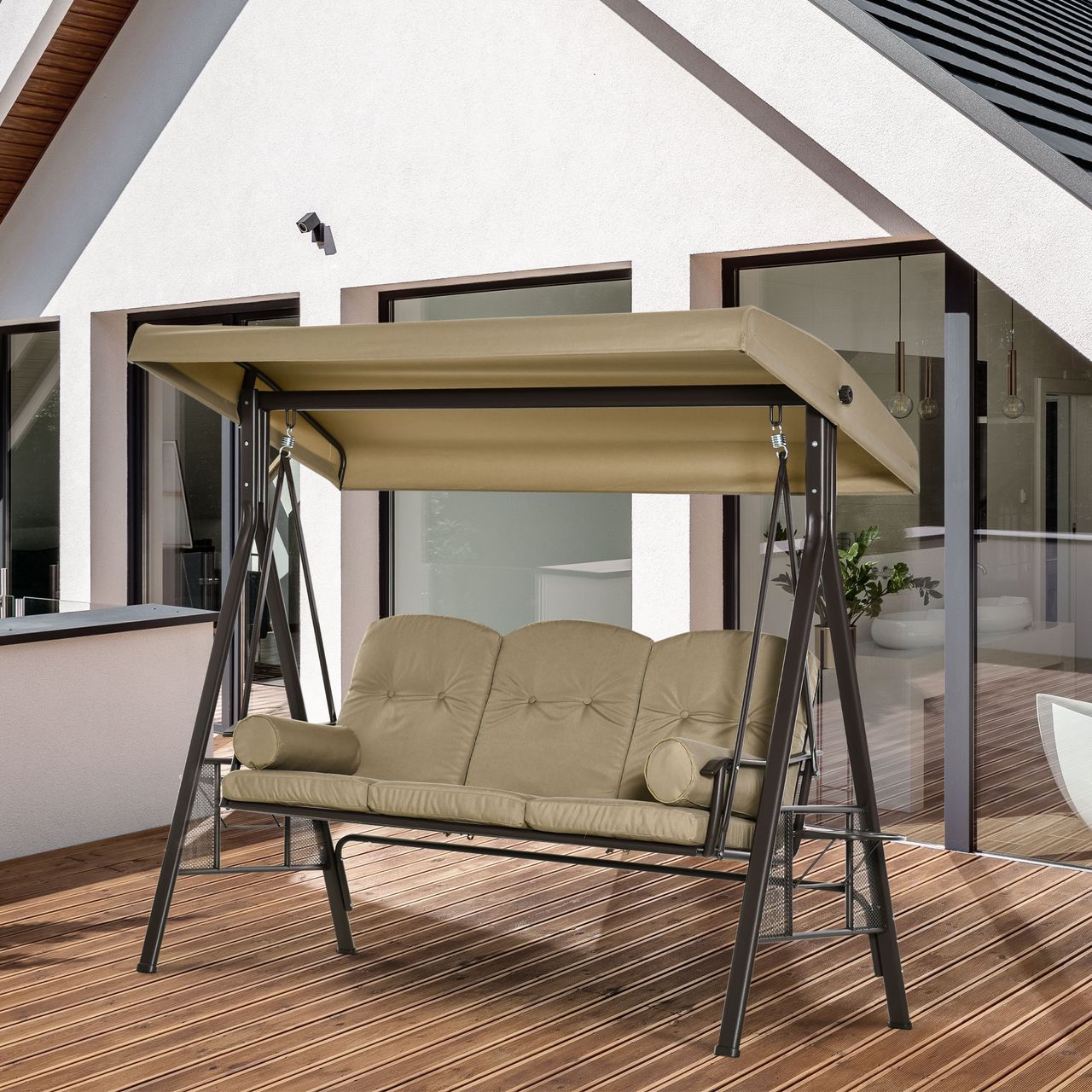Outsunny 3-Sitzer Hollywoodschaukel Gartenschaukel mit Sonnendach Kissen Metall Polyester Grau 116 x 206 x 183 cm