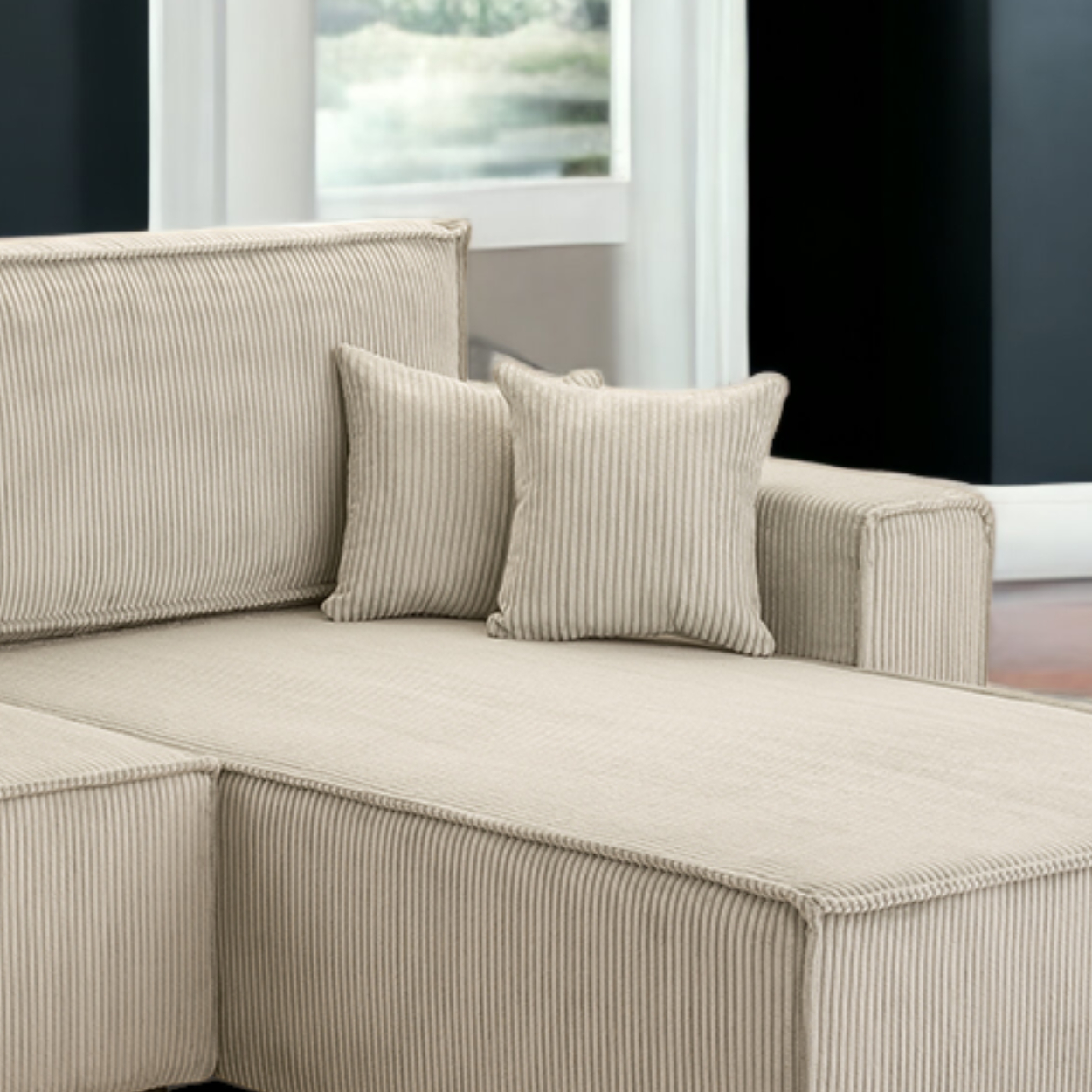 Möbel Punkt Wohnlandschaft Ecksofa Beige Genf Cord XL mit Bett Kopfteilverstellung Bett Sofa Schlafsofa Ottomane rechts links universell