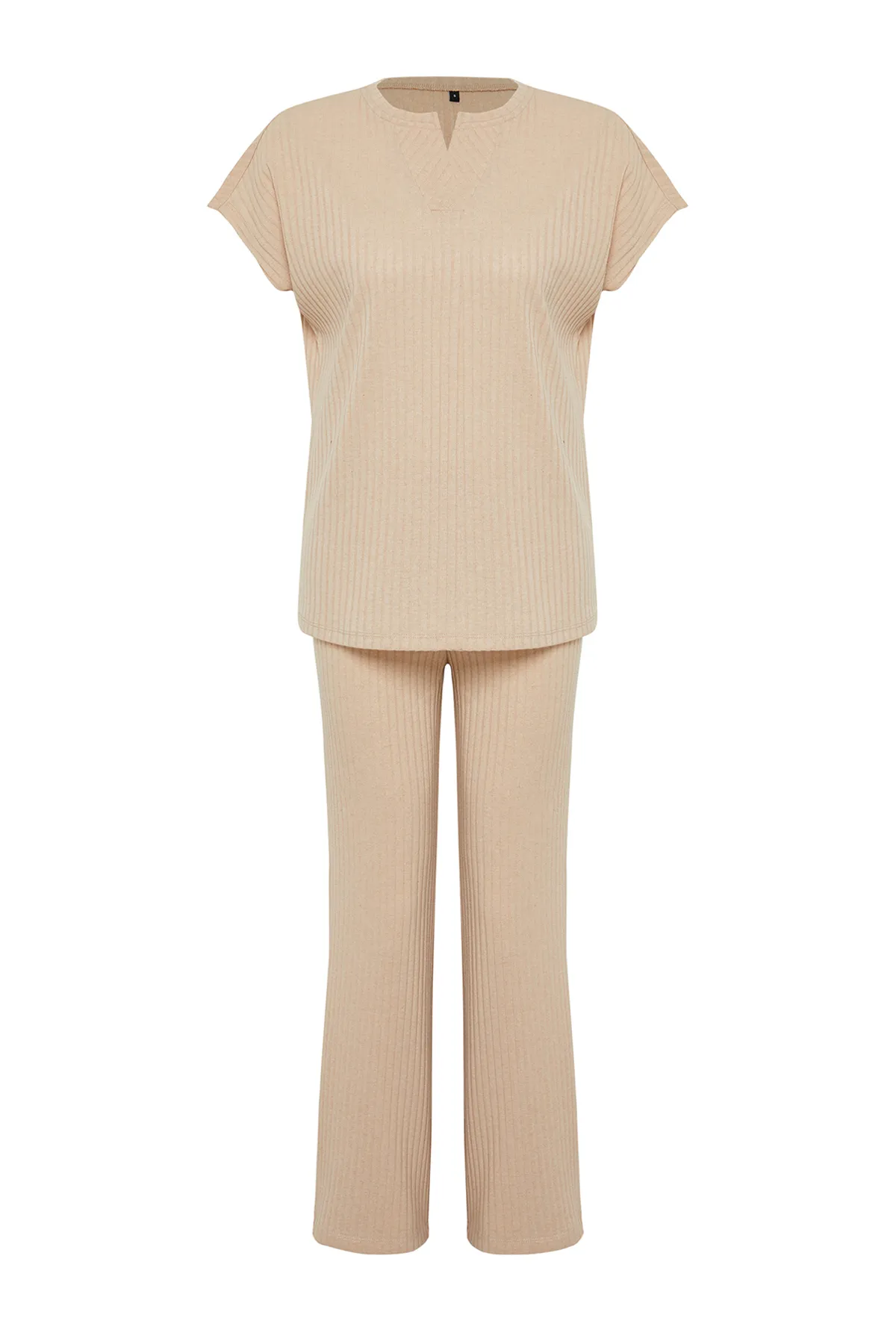 Trendyol Collection  Beige gestricktes Pyjama-Set mit Kordelkragen und detailliertem Muster THMSS24PT00234