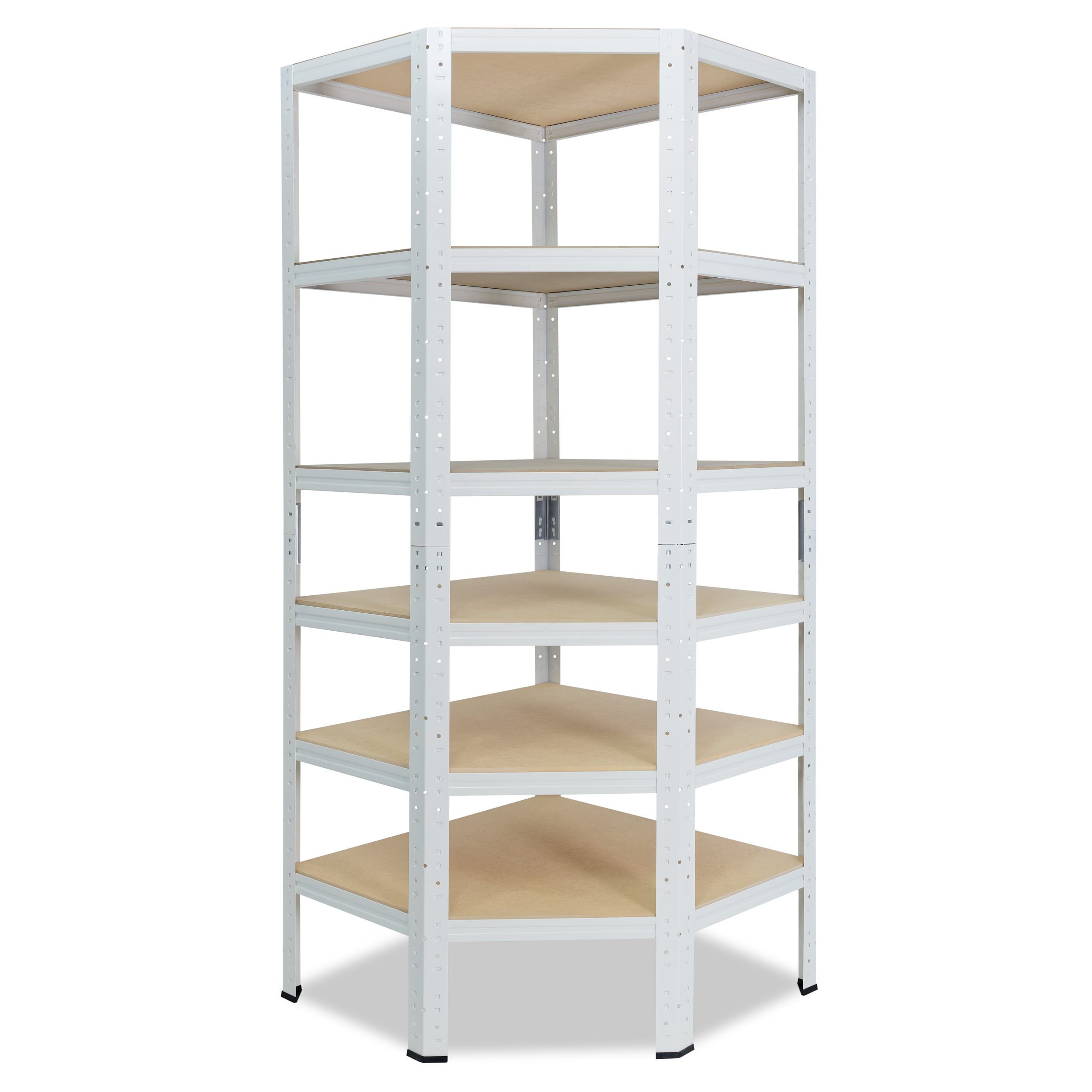 shelfplaza Eckregal HOME, 180x90x60cm weiß, Metall Eckregal stehend mit 6 Böden, Corner Shelf 145kg Tragkraft Schwerlastregal Ecke, Steckregal verzinkt Eckregal Keller Garagen Regal