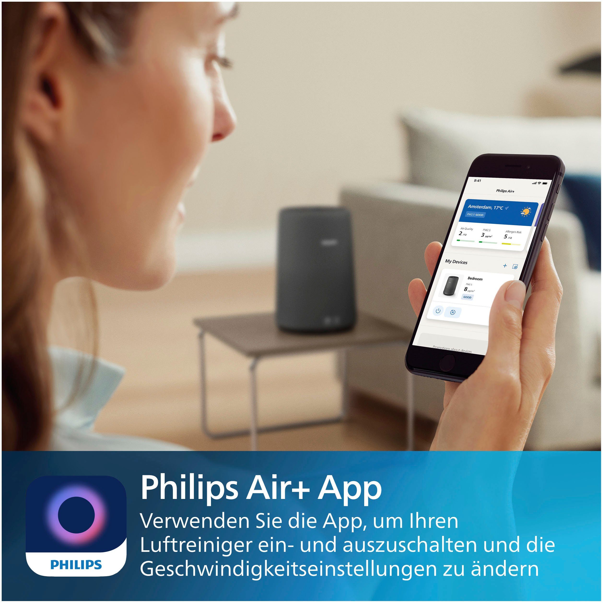 Philips Luftreiniger AC0850/11, für 49 m² Räume, mit HEPA-Filter für Allergene, Schadstoffe und Viren