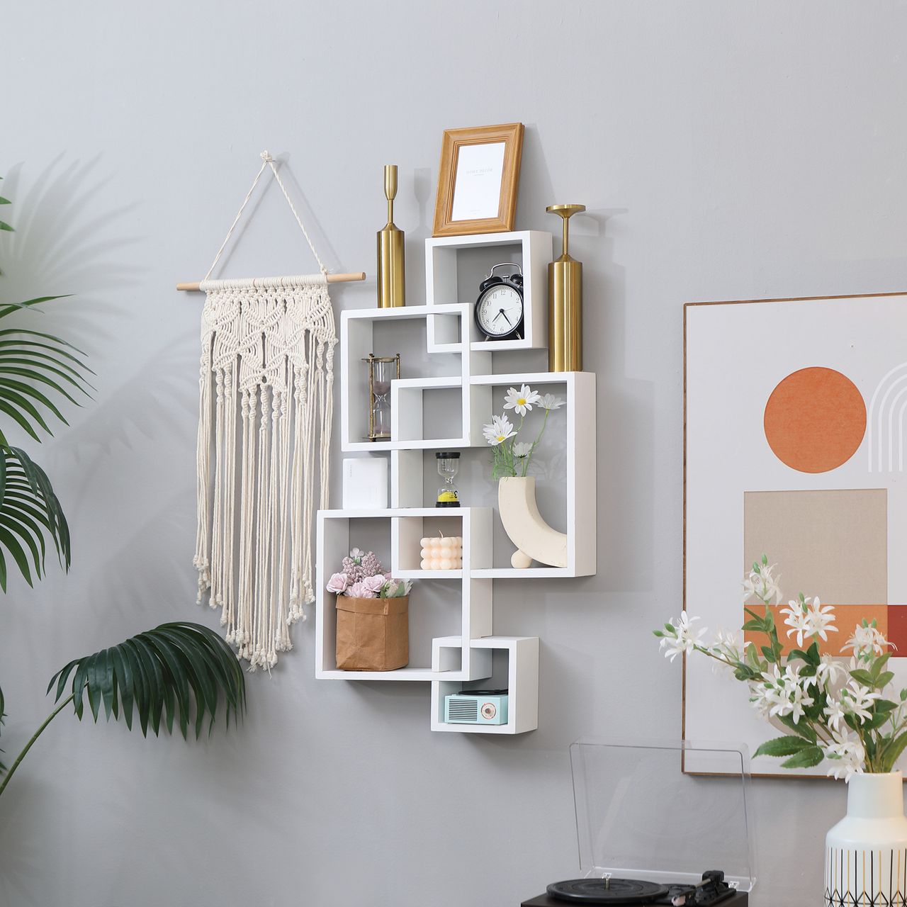HOMCOM Wandregal Schweberegal Wandboard mit 5 ineinandergreifenden Würfel, 9 Fächer, Wanddeko für Wohnzimmer Schlafzimmer Tannenholz Weiß 49,5 x 10,2 x 86 cm