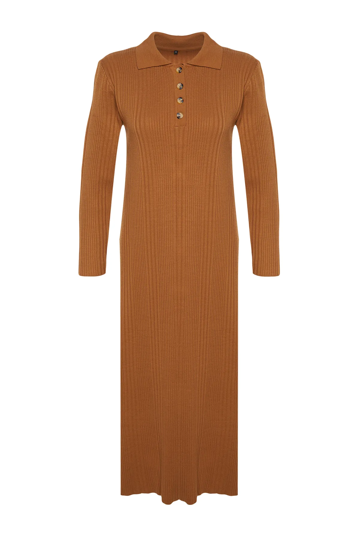 Trendyol Modest  Kamelfarbenes, geripptes Strickkleid mit Polokragen und bequemer Passform TCTAW24EB00025
