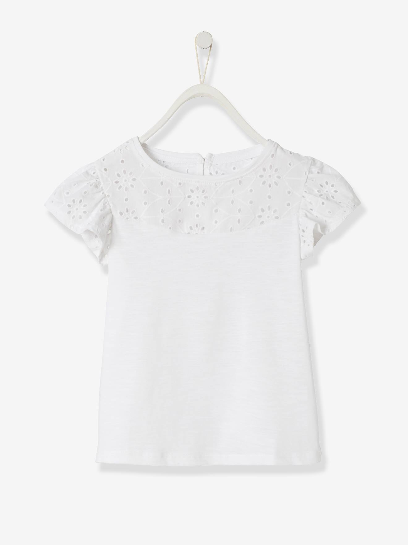 Vertbaudet Mädchen T-Shirt mit Volantärmeln und Lochstickerei Oeko-Tex - dunkelrosa