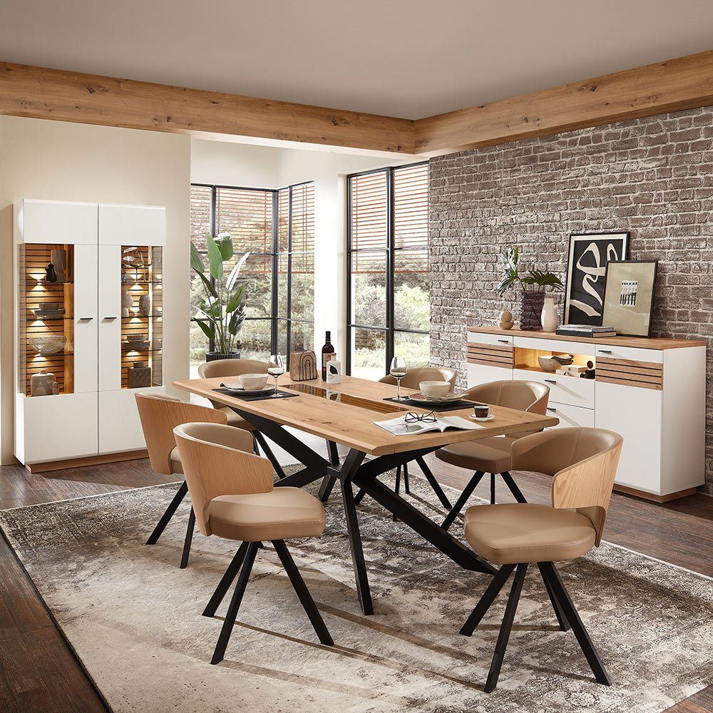 Lomadox Esszimmer-Set FALLON-55, (Spar-Set, 3-St), Tisch mit Spider-Fußgestell, 210x100cm, weiß mit Eiche