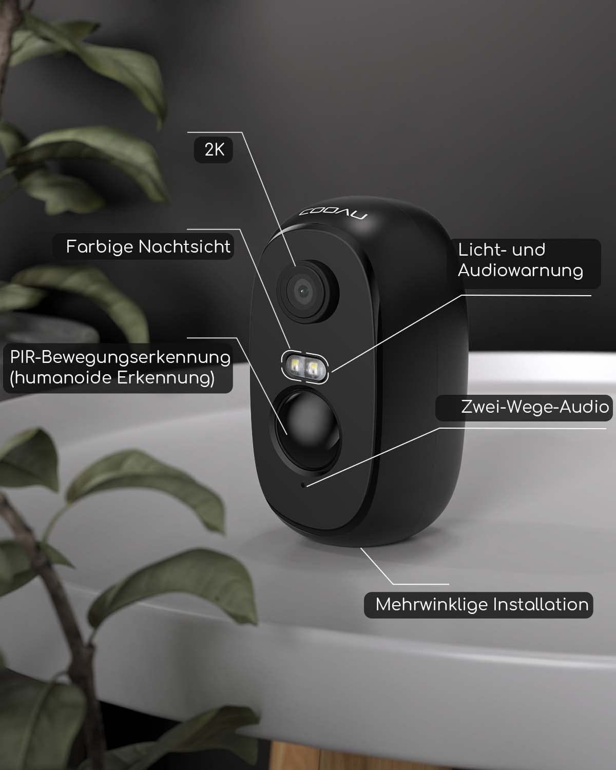 COOAU Upgraded 2K Kabellos WLAN Überwachungskamera Akku Wiederaufladbare Überwachungskamera (Aussen Außen Außenbereic Innenbereich, 2-Wege-Audio,Bereichserkennung,Datenschutzverwaltung,Familien Teilen, SD/Cloud Speicher,lP65 Wasserdicht,Audio Lichtal
