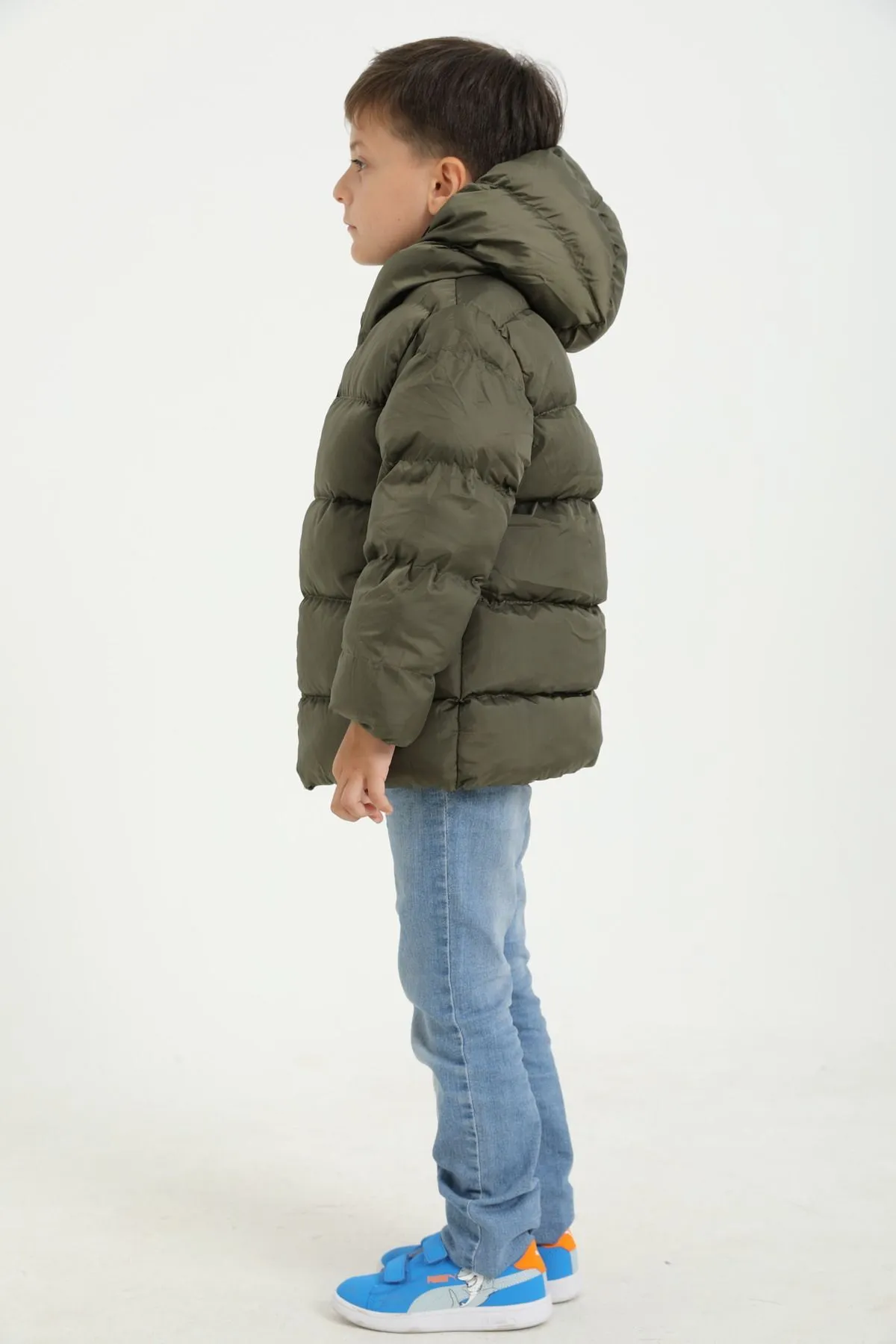 freemen  Khakifarbener Fleece-Fell-Kapuzen-Wintermantel für Jungen, wasserdicht, windabweisend, mit Taschen