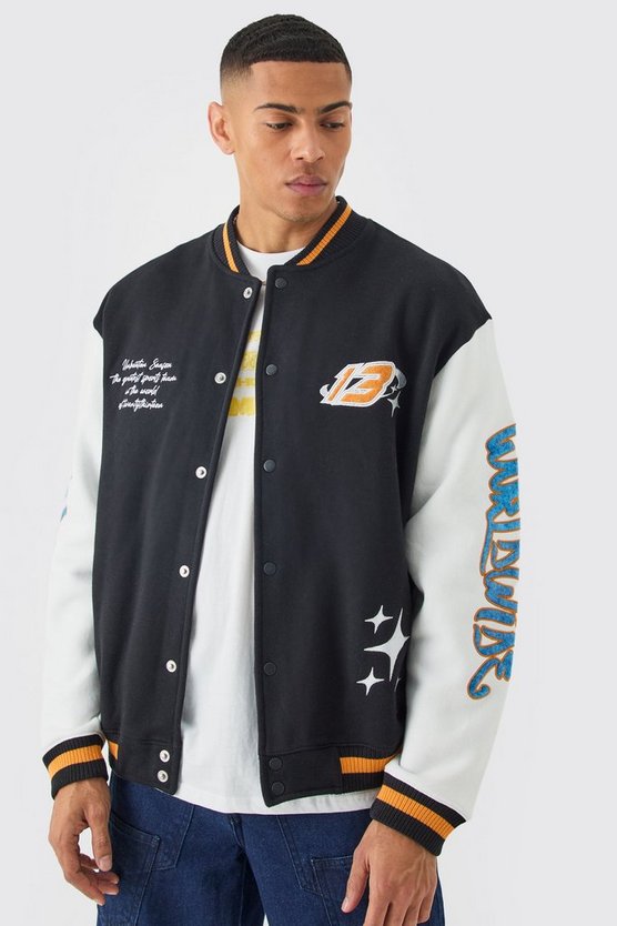 Oversized Worldwide Applique Jersey Bomber Jacket