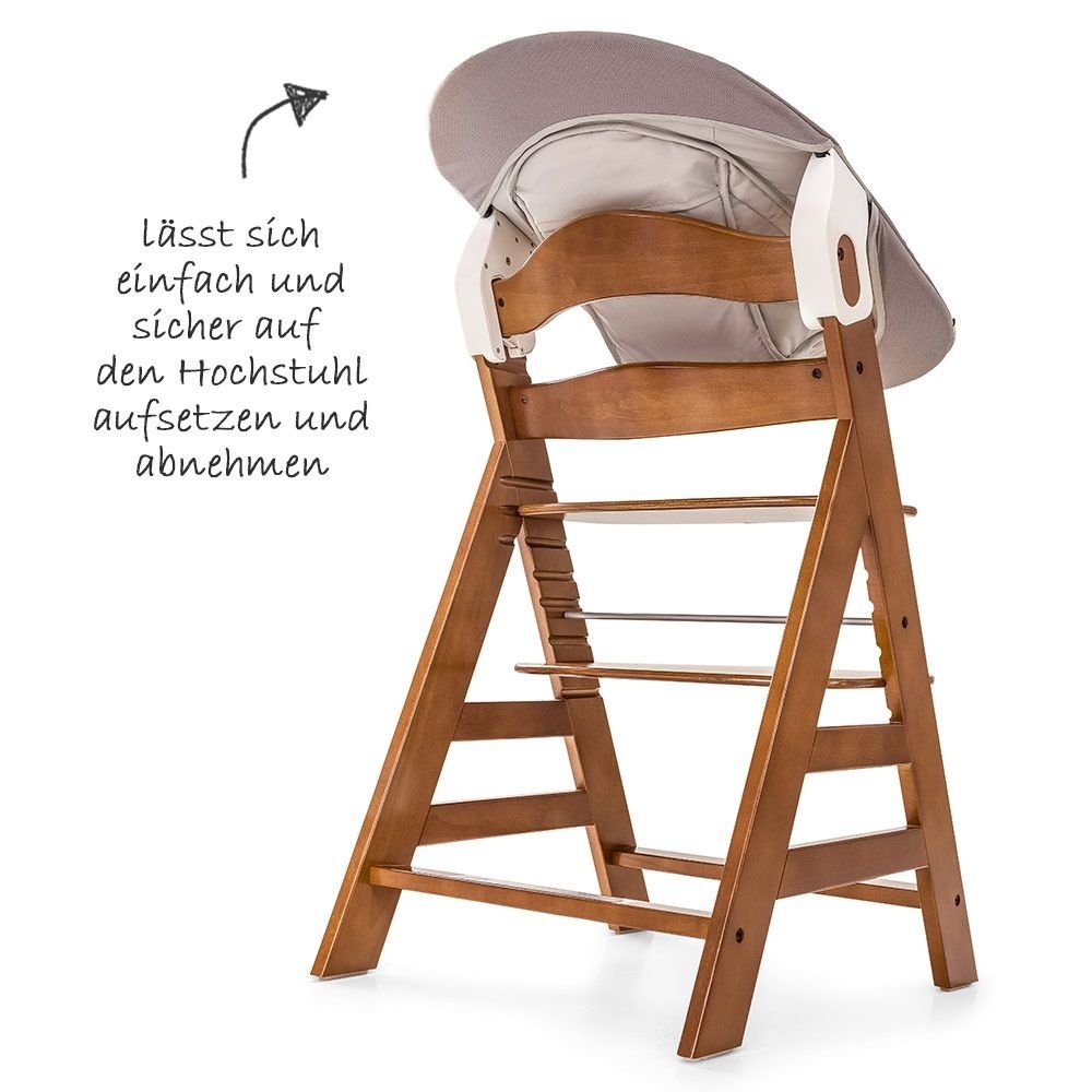 Hauck Hochstuhl Alpha Plus Walnut - Newborn Set (Set, 4 St), Holz Babystuhl ab Geburt mit Aufsatz für Neugeborene höhenverstellbar