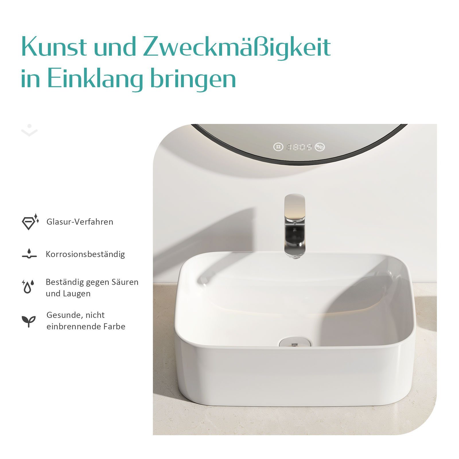 EMKE Aufsatzwaschbecken Eckiger Waschbecken Keramik Waschbecken Waschtisch Weiß Glänzend
