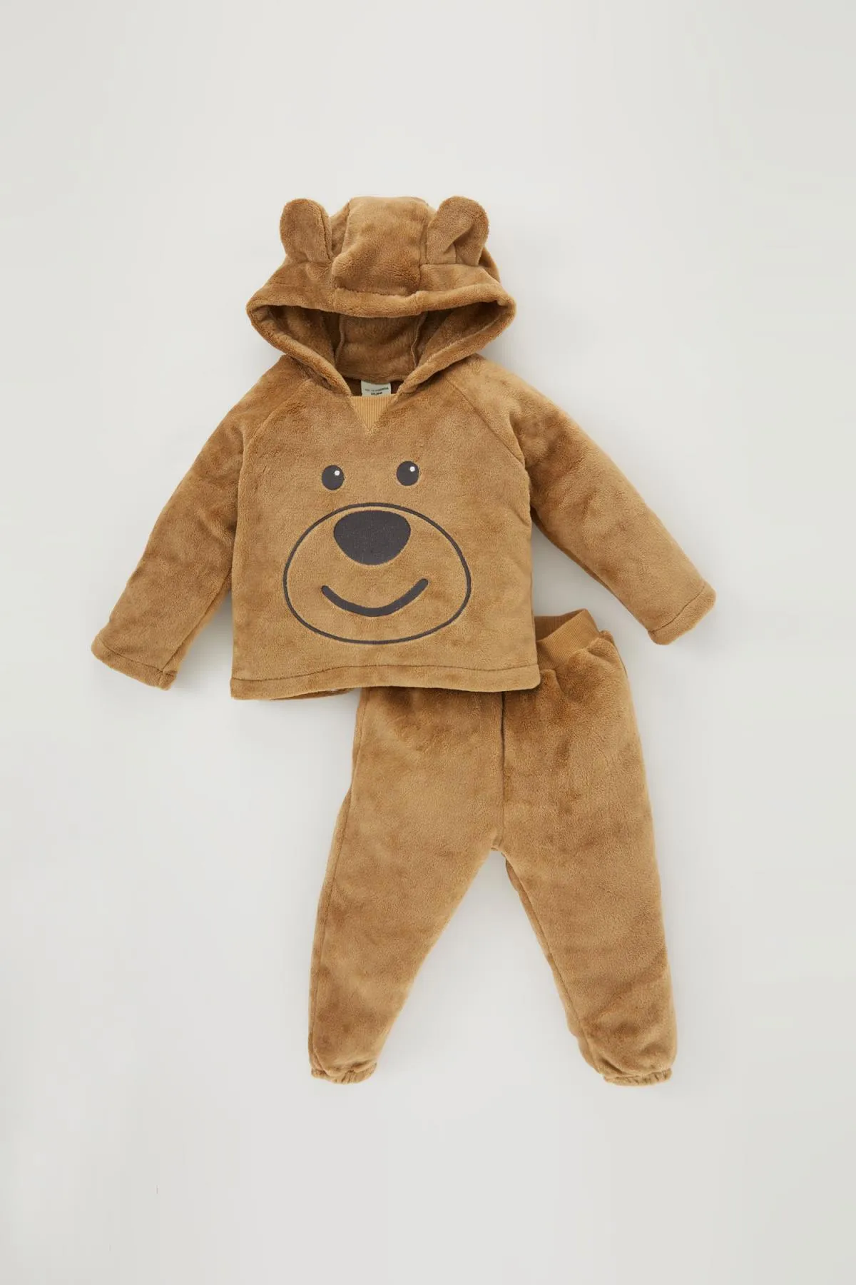 DeFacto  Baby Boy Teddybär gemustertes Plüsch-Oberteil und -Unterteil mit Kapuze, 2er-Set