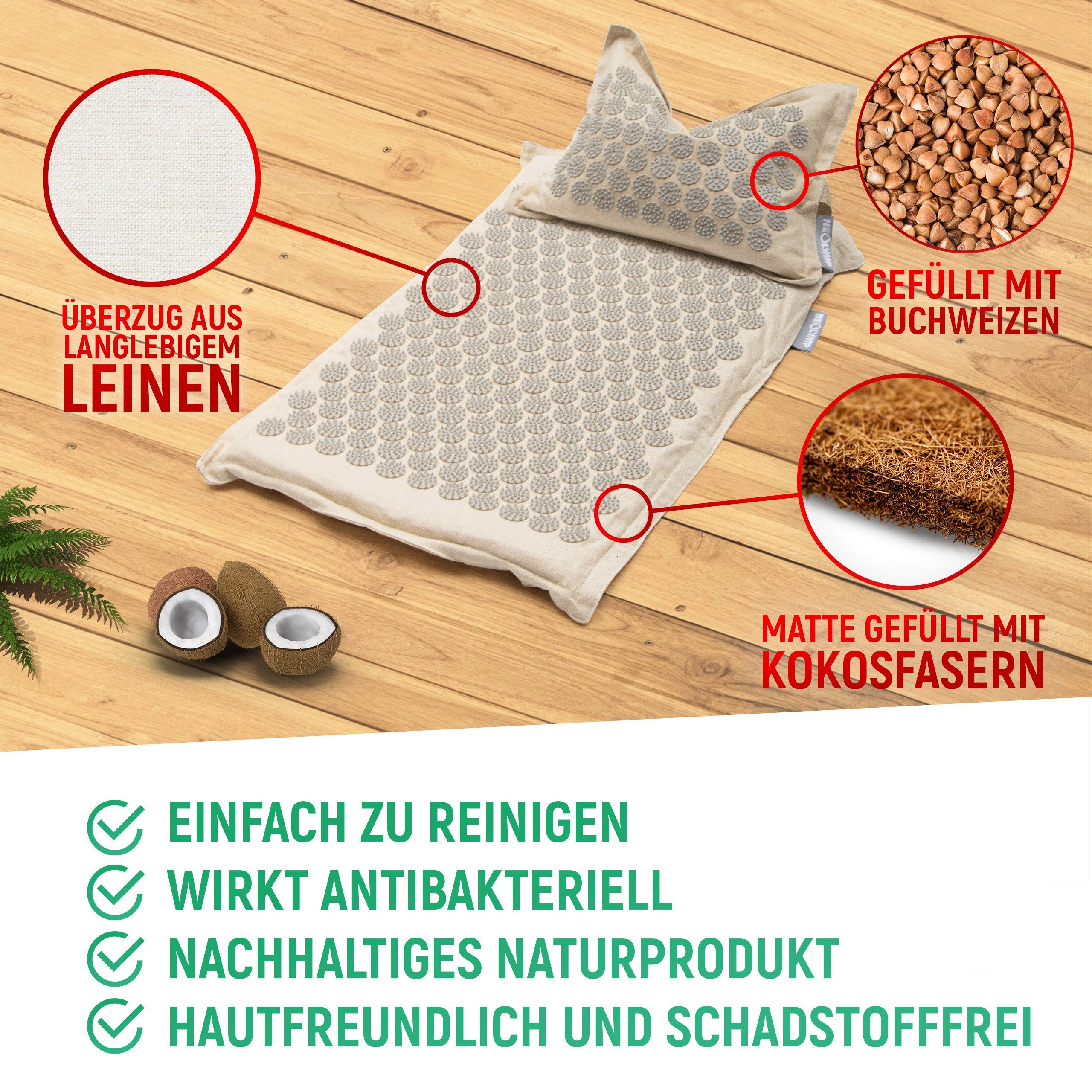 NEOLYMP Akupressurmatte 100% Leinen, Kokosfaserfüllung, Buchweizen - 6.930 Druckpunkte (Set, Akupressurmatte, Akupressurkissen, Baumwolldecke), Klettverschluss, wandelbar zur Tragetasche, Ganzkörpermassage