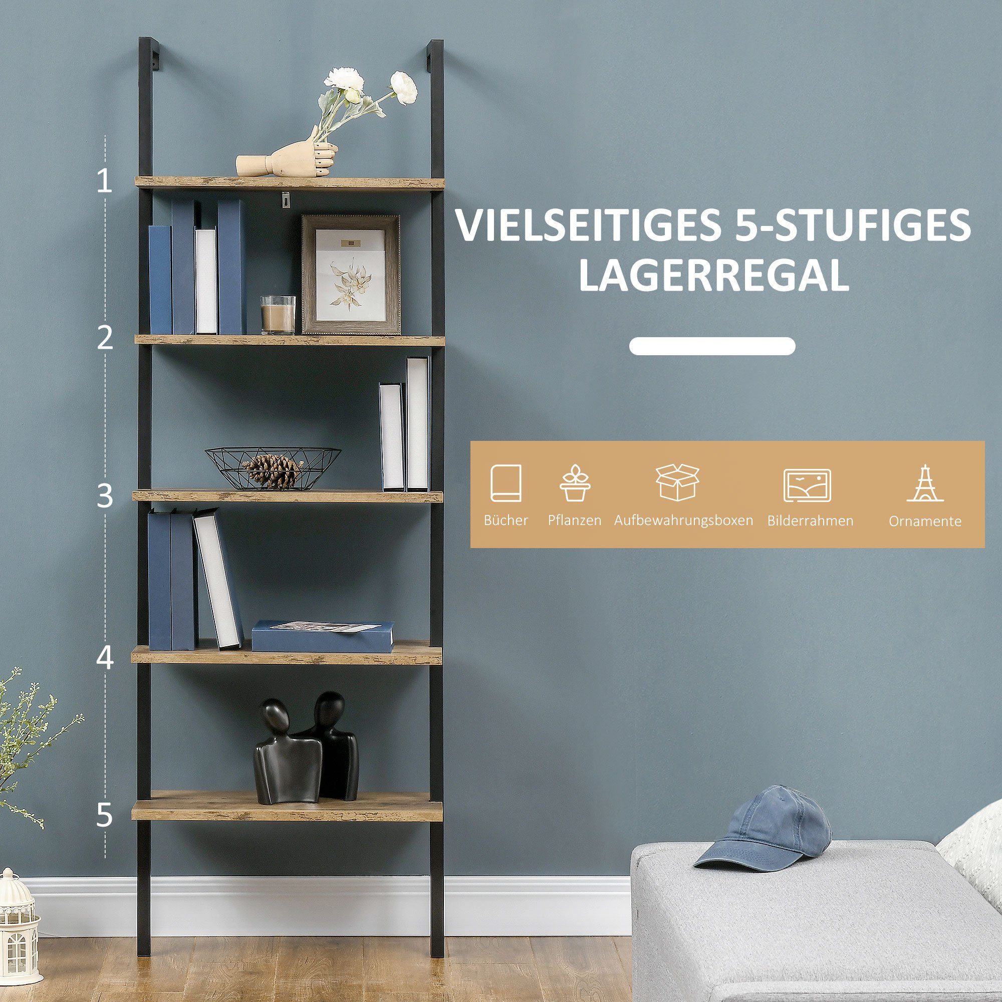 HOMCOM Leiterregal im Industrie-Design 5 Regale 60 cm x 30 cm x 184,5 cm Metall