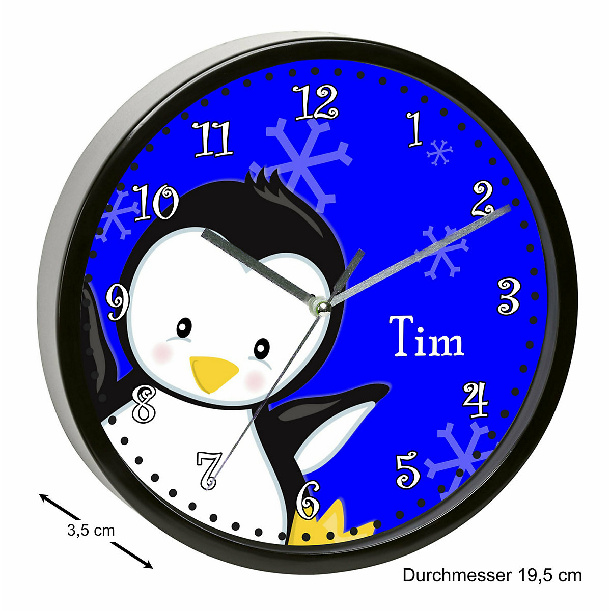 Kinder Wanduhr personalisiert mit Name Pinguin blau