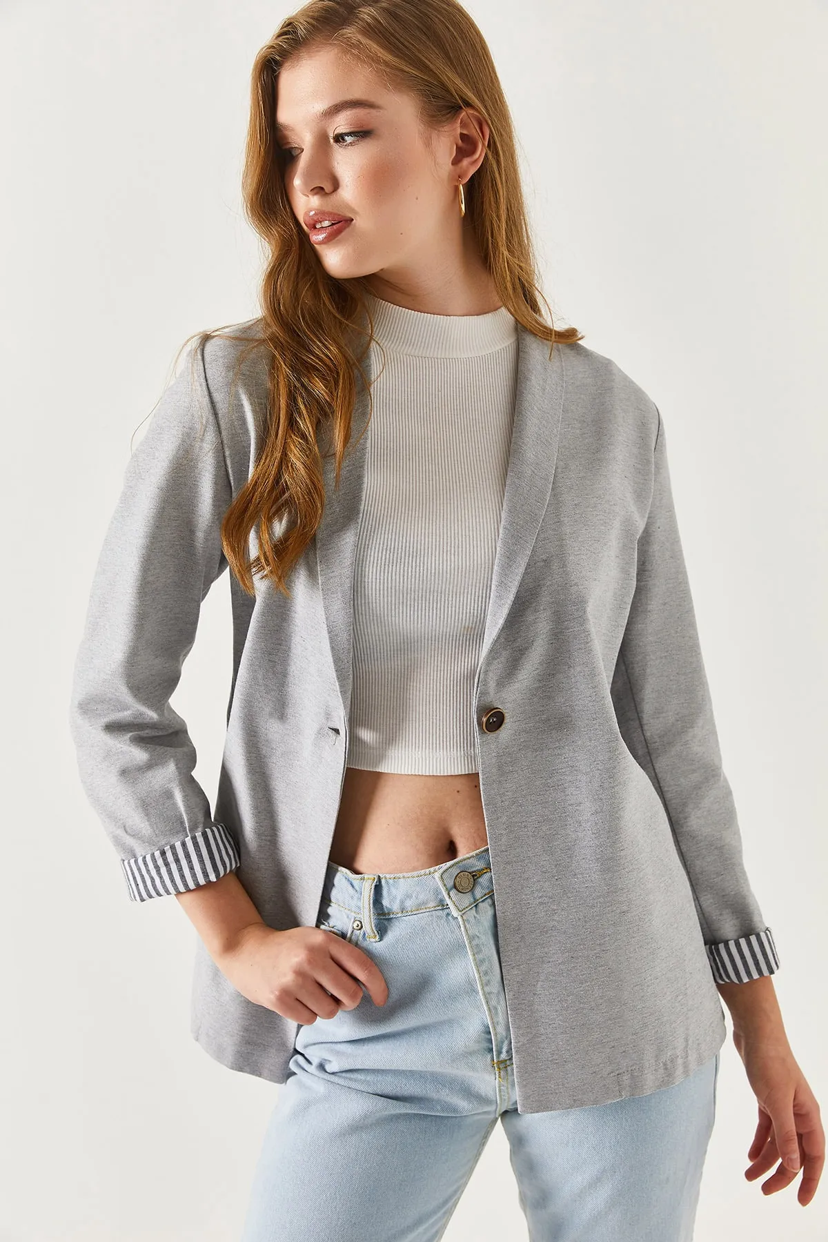 armonika  Grau gestreifte Damenjacke mit einem Knopf am Innenärmel Arm-22K001122