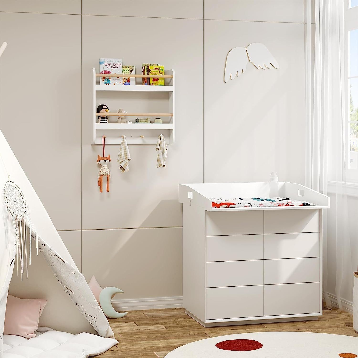 Woltu Kinderregal, 1-tlg., Bücherregal Wandregal mit 2 Ablagen 4 Hake aus MDF