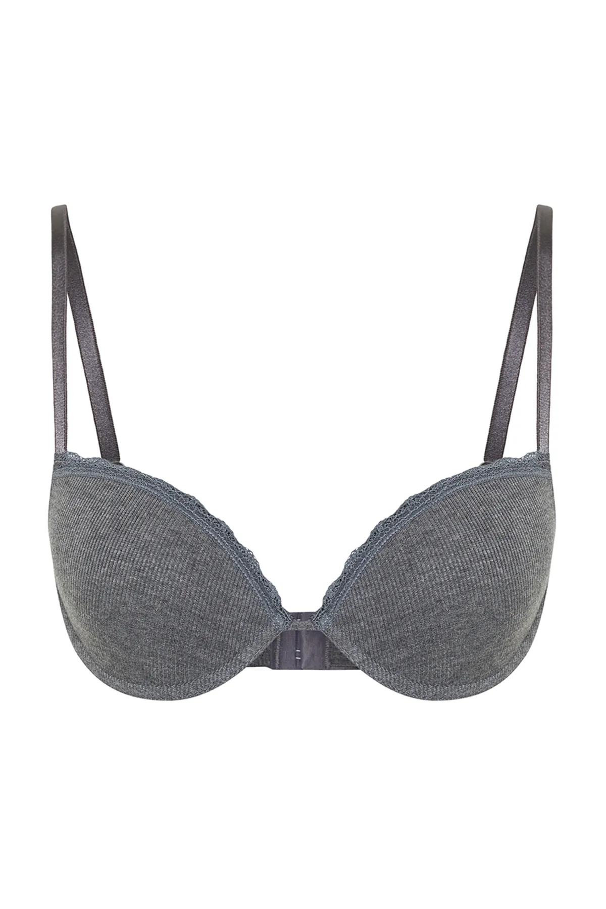 Trendyol Collection  Anthrazitfarbener, gerippter T-Shirt-BH mit Spitzendetail und Strick-BH THMSS24SU00061