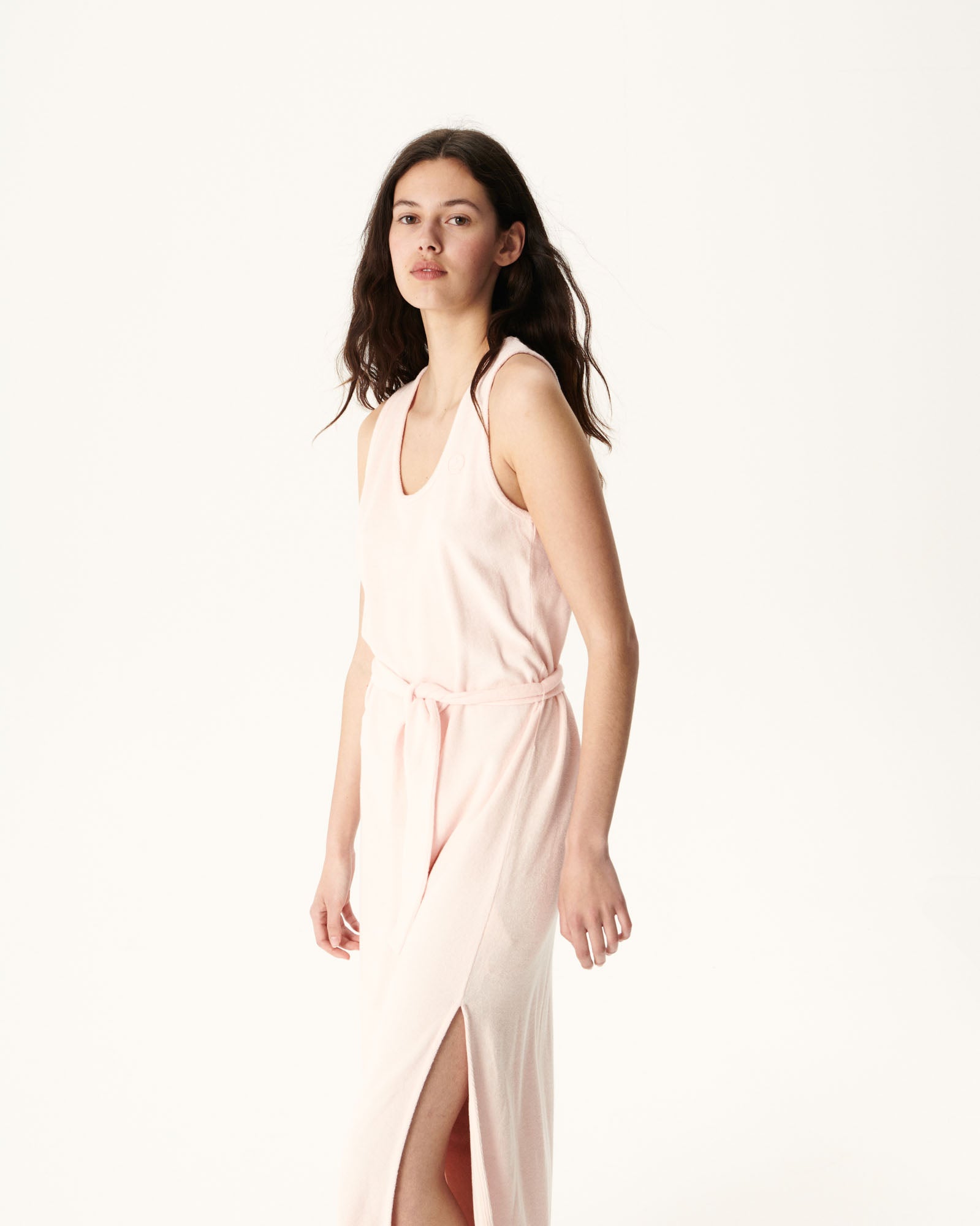 Robe longue ceinturée éponge Rose clair Ibiza