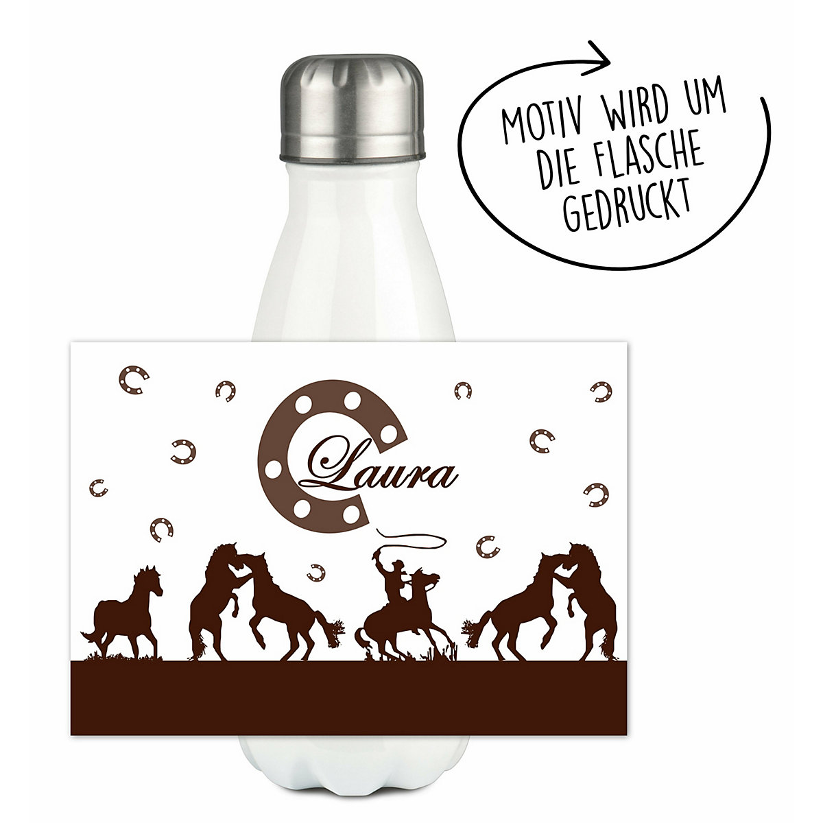 Edelstahl Kinder Thermoflasche / Trinkflasche bunt Cowboy Pferde Farbe braun Spülmaschinenfest, Auslaufsicher, Bruchfest, Doppelwandig, Für Heißgetränke geeignet, Mit Deckel, Isoliert