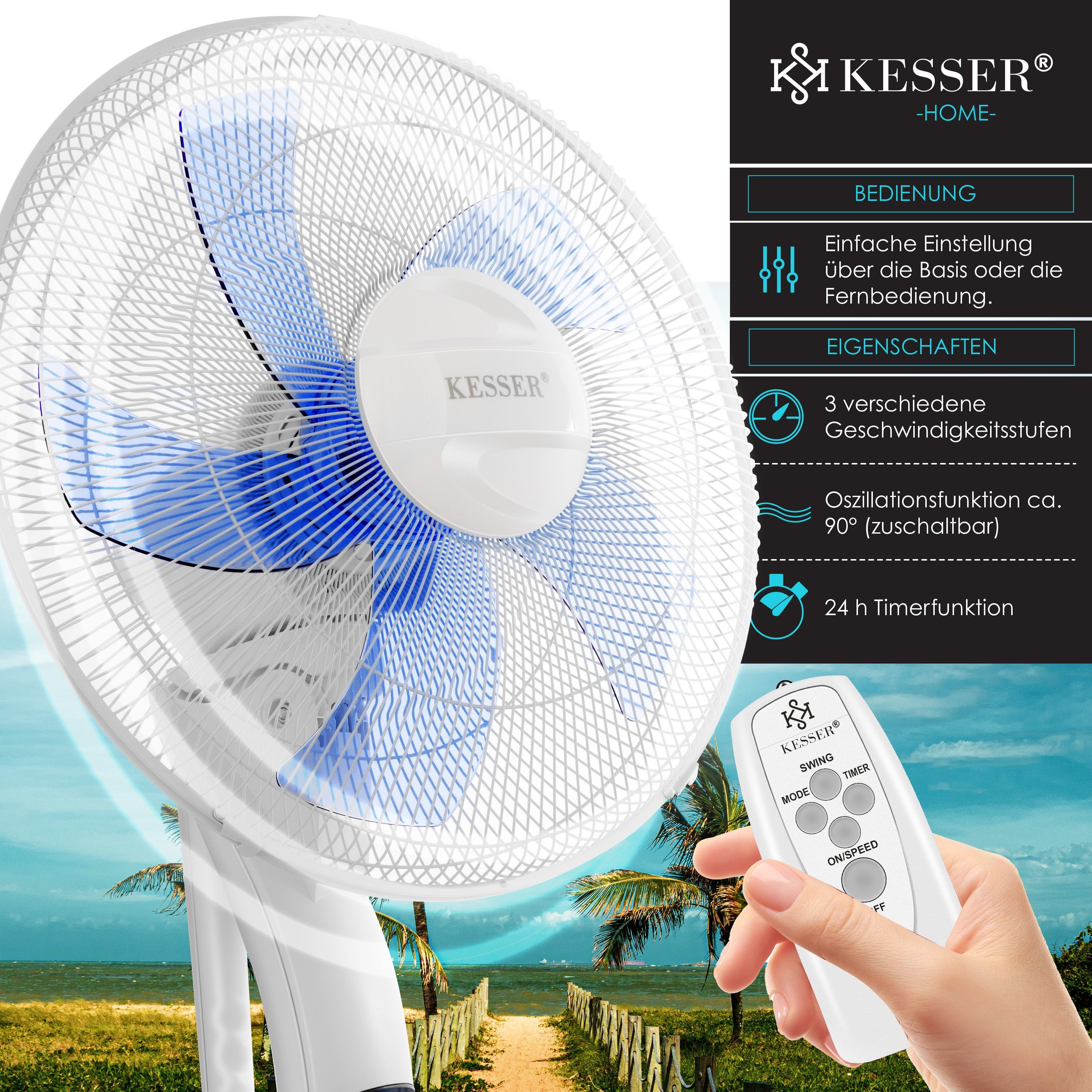 KESSER Standventilator, Standventilator mit Fernbedienung Timer Standlüfter
