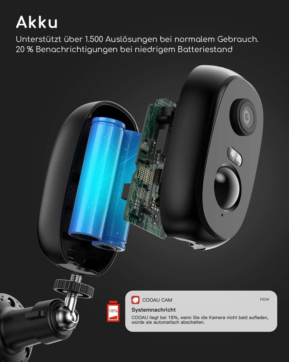 COOAU Upgraded 2K Kabellos WLAN Überwachungskamera Akku Wiederaufladbare Überwachungskamera (Aussen Außen Außenbereic Innenbereich, 2-Wege-Audio,Bereichserkennung,Datenschutzverwaltung,Familien Teilen, SD/Cloud Speicher,lP65 Wasserdicht,Audio Lichtal