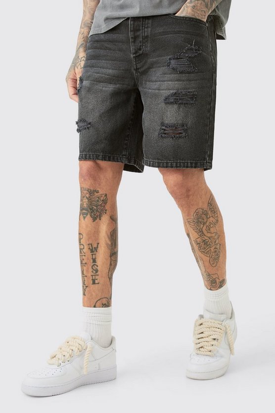 Tall zerrissene Slim-Fit Jeansshorts in Schwarz