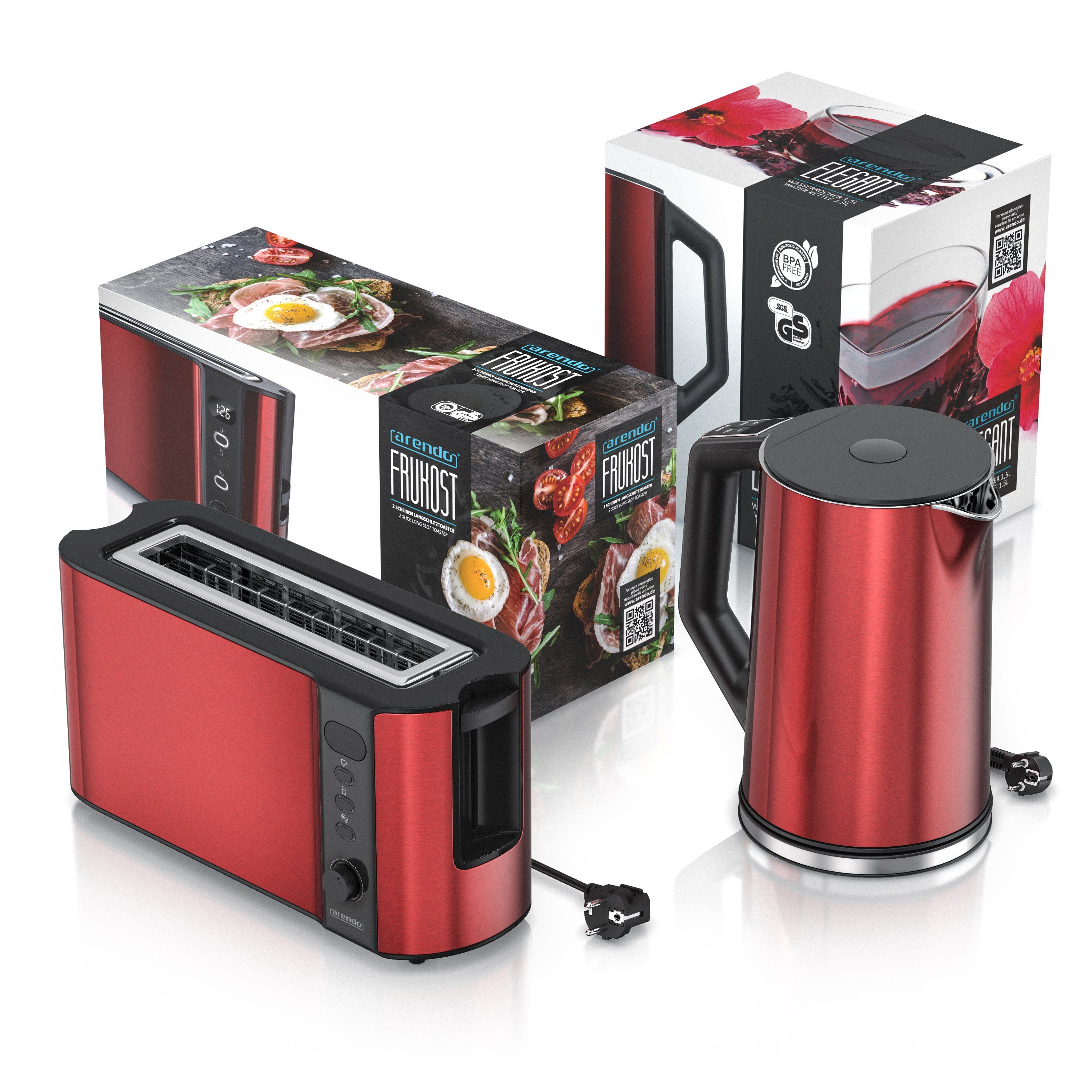 Arendo Frühstücks-Set (2-tlg), Edelstahl Wasserkocher 1,5l, 2-Scheiben Langschlitz Toaster, Rot