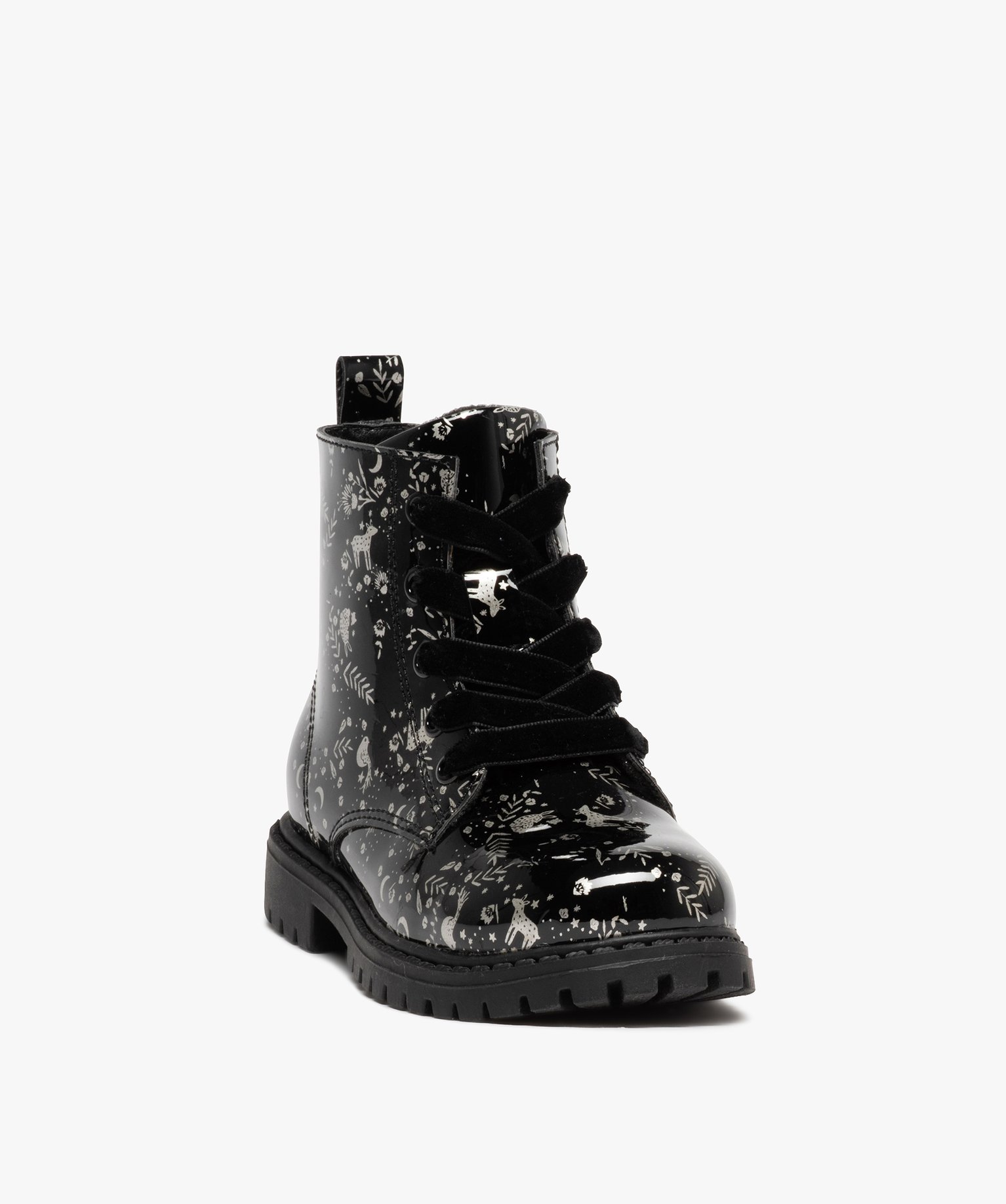 Boots fille style rock vernies à lacets et zip noir | GEMO
