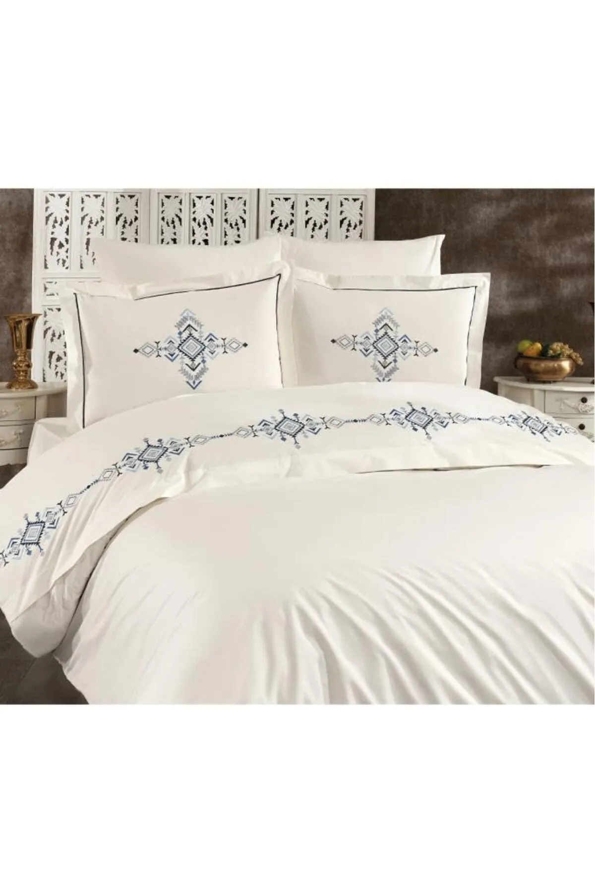 Çeyiz Diyarı  Alya besticktes Doppelbett-Bettbezug-Set, Creme – Blau