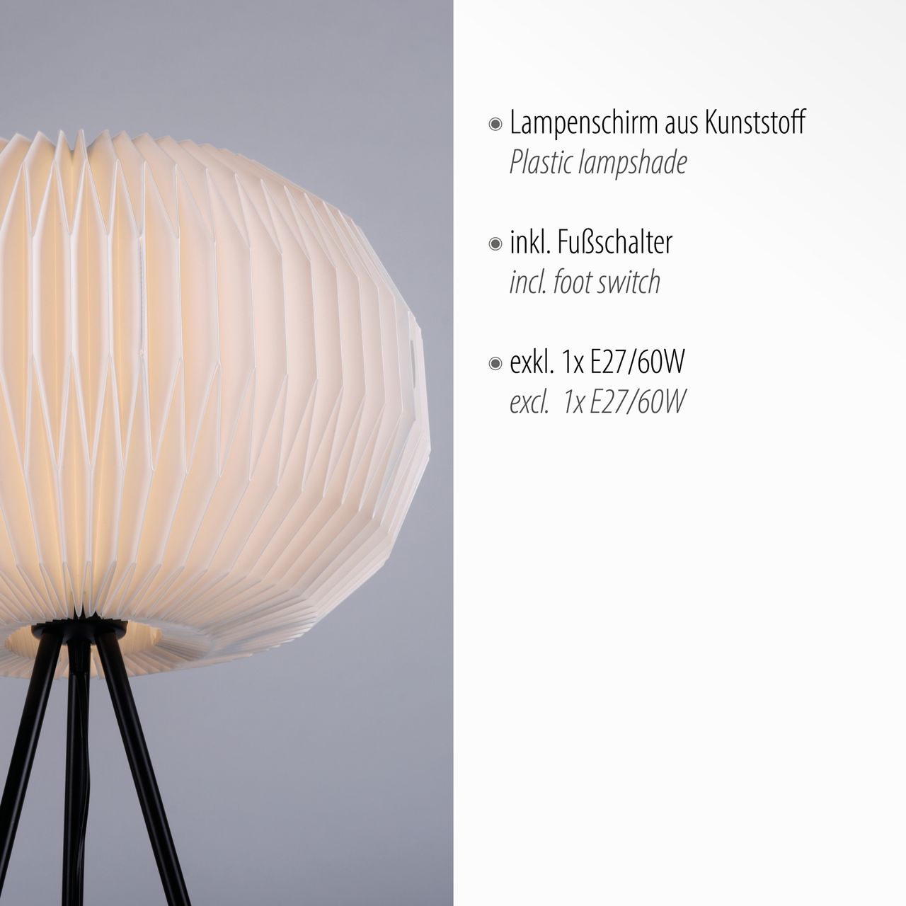 JUST LIGHT LeuchtenDirekt, Stehleuchte 1-flammig, E27, Dreibein-Stativ, Lamellenschirm, Ø45cm, weiß PAPEL