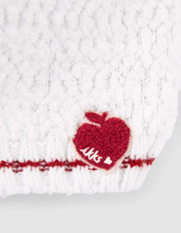 Bonnet et snood écru tricot brodé coeur-pomme bébé fille